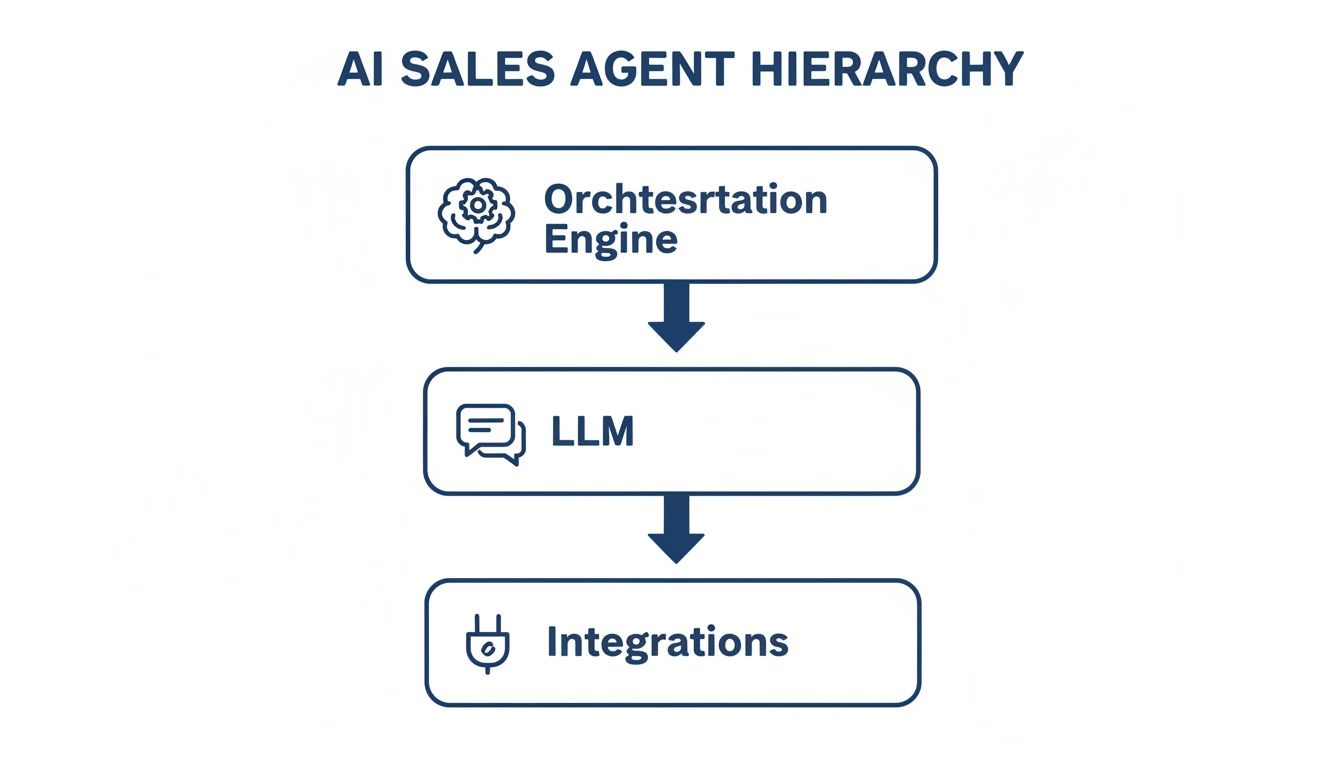 Diagram illustrating the hierarchical structure of an AI sales agent, featuring an orchestration engine, LLM, and integrations.