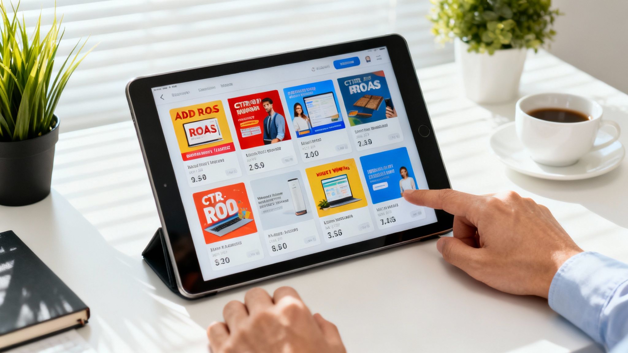 A person's hand taps a tablet showing an online store with digital marketing products on a white desk.