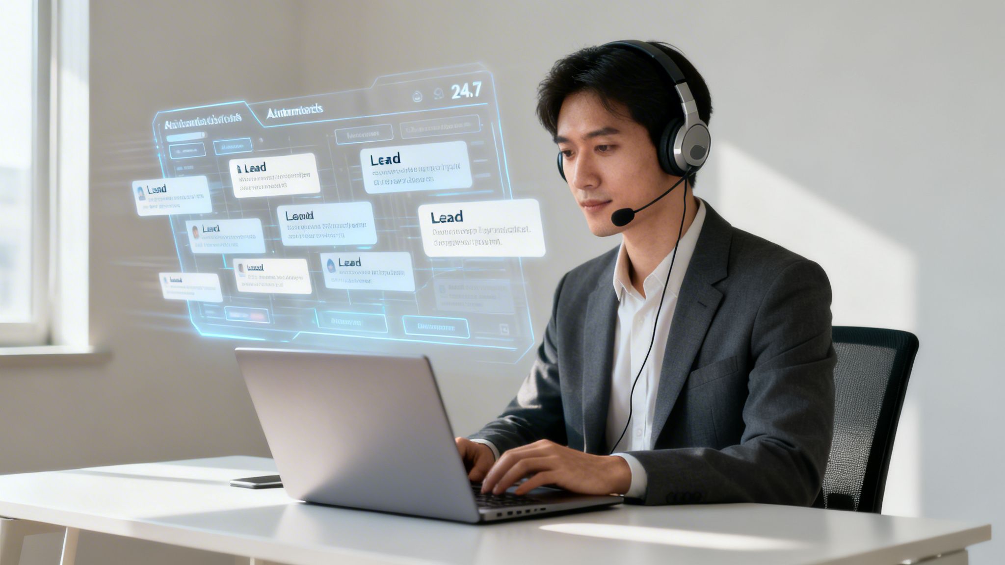 A man with a headset working on a laptop with a holographic interface showing sales leads.