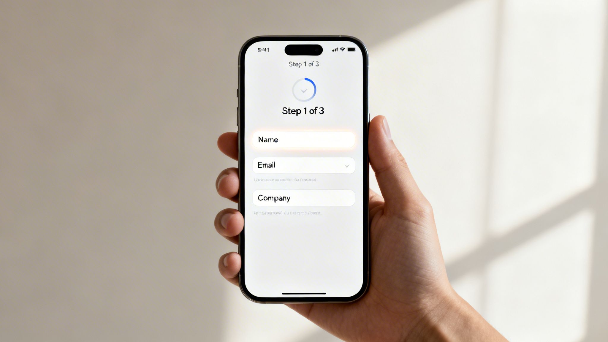 A hand holds a smartphone displaying a multi-step form for name, email, and company details.
