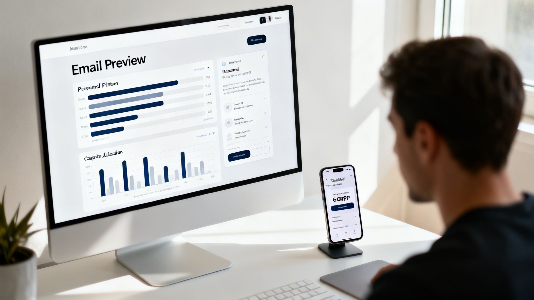 A person views a marketing dashboard on a computer monitor and a financial app on a smartphone.