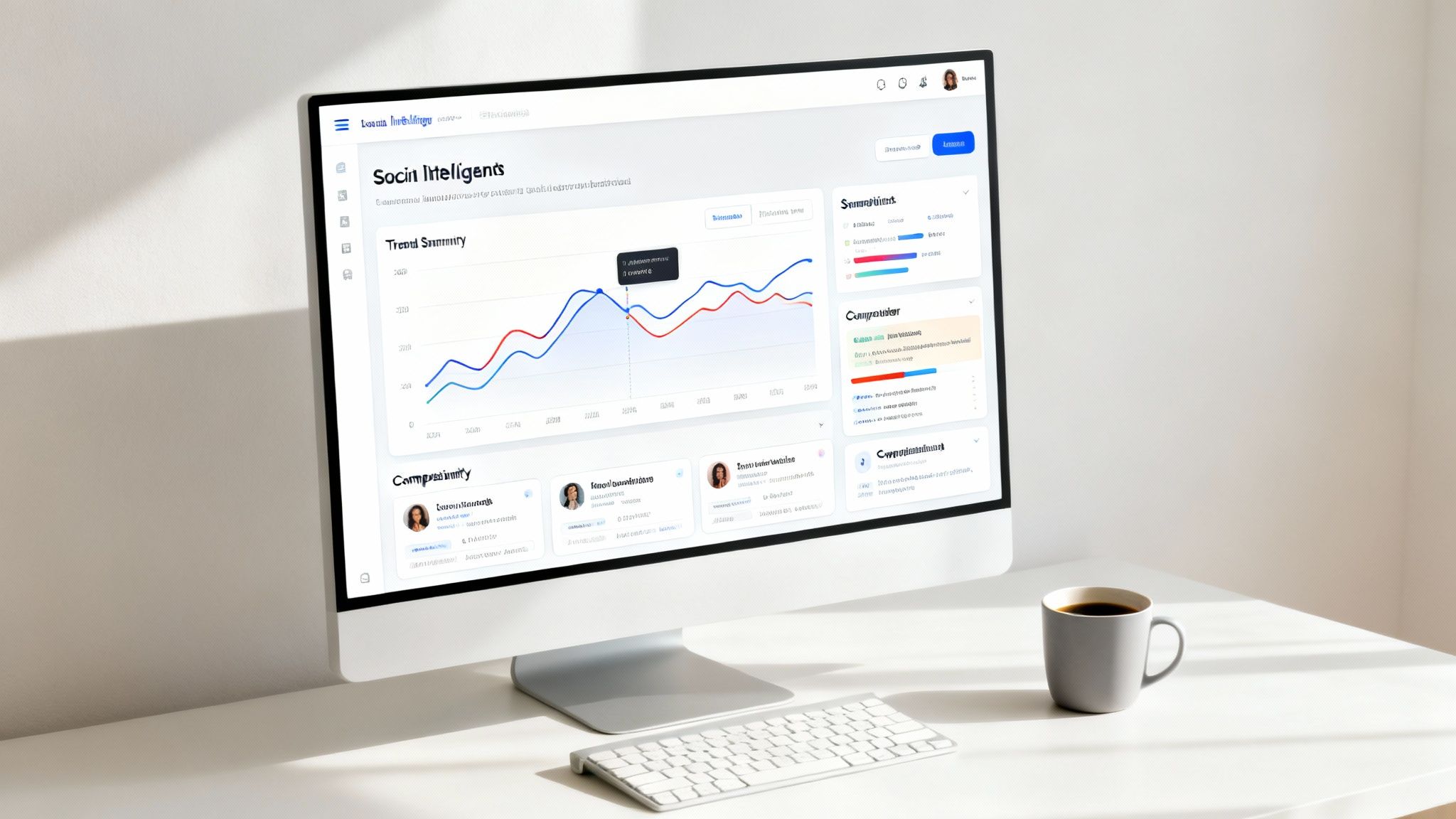Monitor displaying an AI-powered social media marketing dashboard, keyboard, and a coffee mug on a white desk.