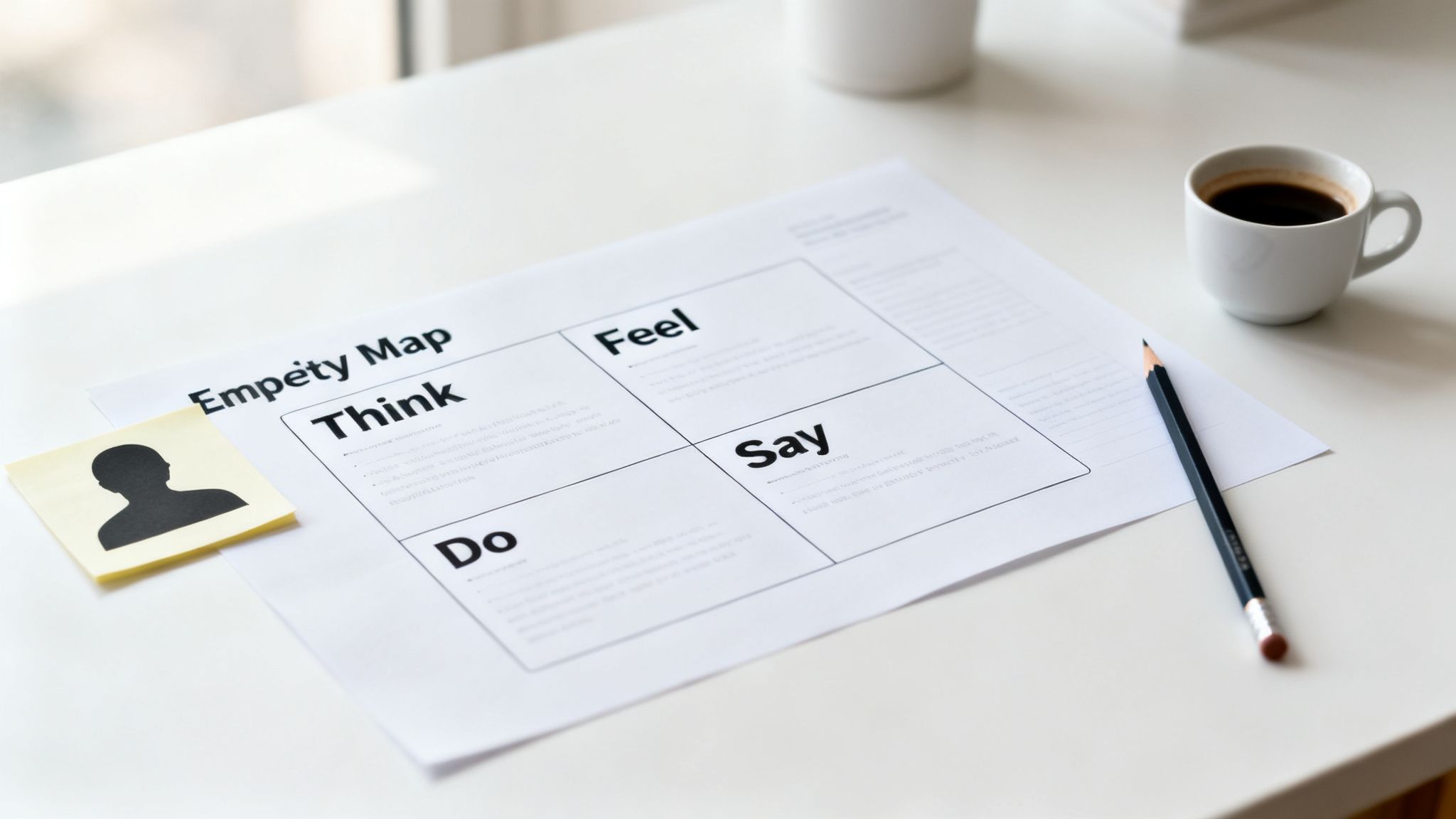 An Empathy Map document on a white desk, alongside a pencil, coffee, and a silhouette sticky note.
