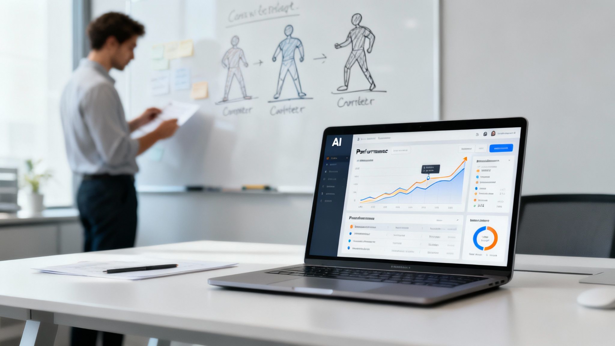 Laptop displaying an AI marketing performance dashboard with a man presenting in the background.