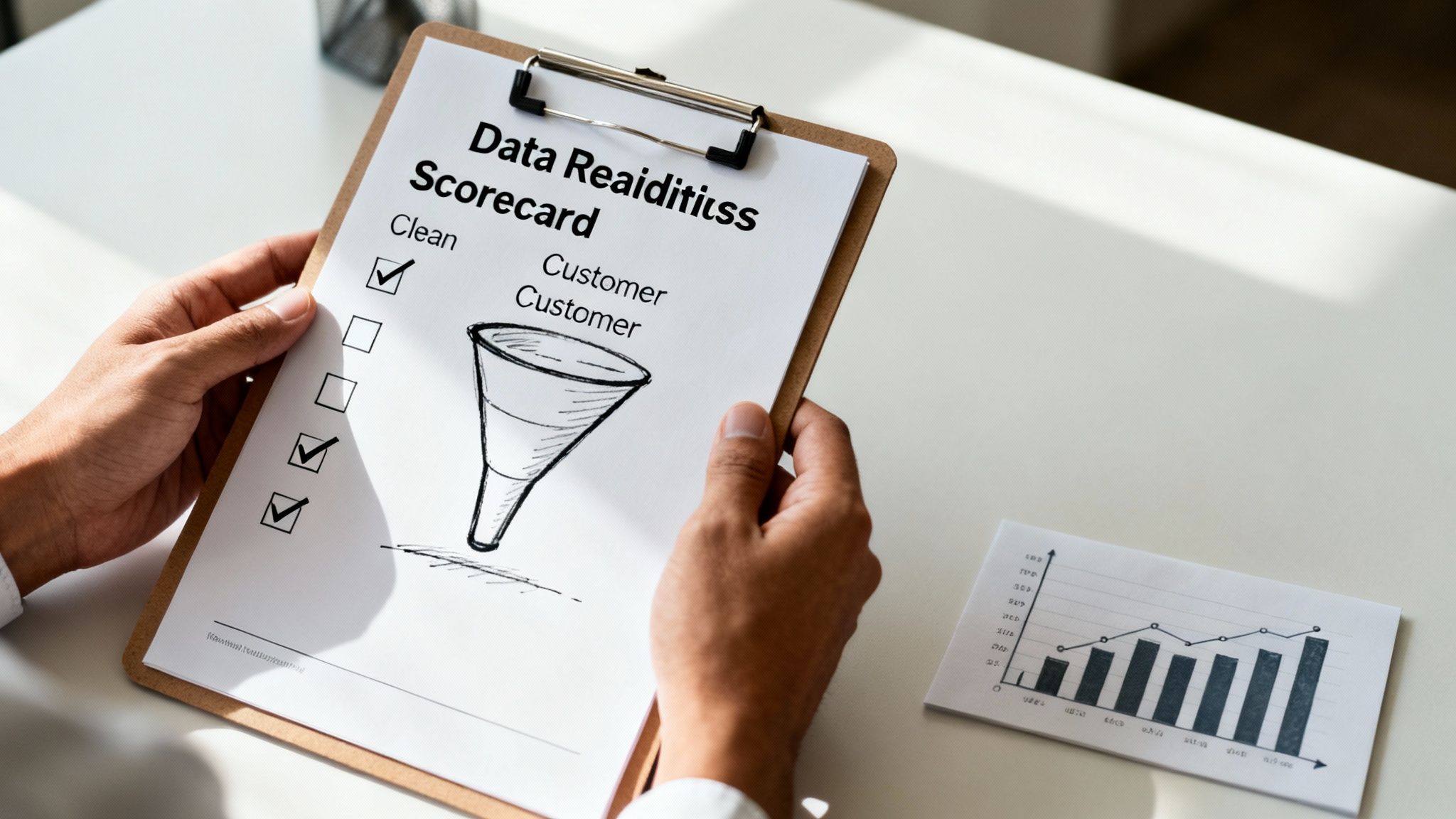 A person holds a 'Data Readiness Scorecard' clipboard with checkboxes and a funnel diagram, alongside a growth chart.