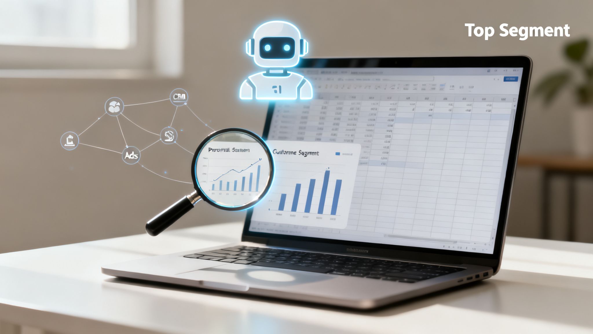 AI analyzes marketing data, sales performance, and customer segments on a laptop, optimizing ROI.