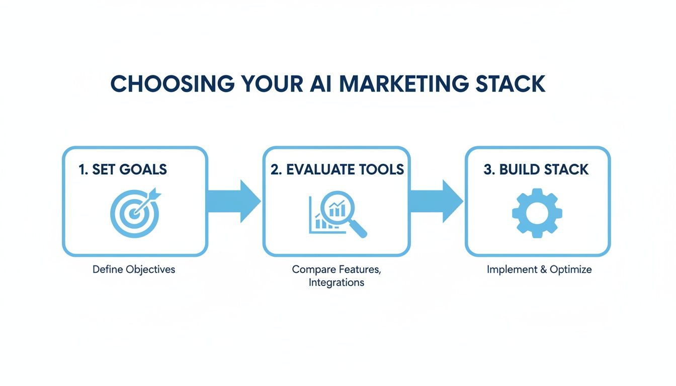 A three-step process for choosing an AI marketing stack: set goals, evaluate tools, and build the stack.