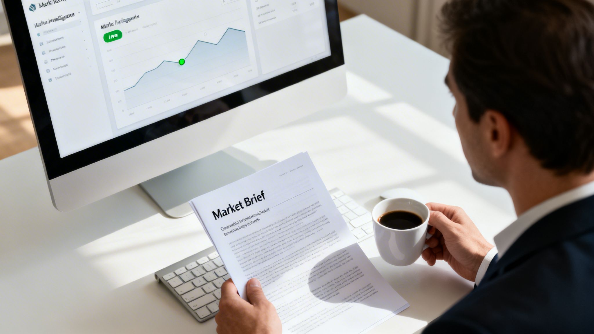 A man in a suit reads a market brief document and drinks coffee while looking at a data chart on a computer screen.