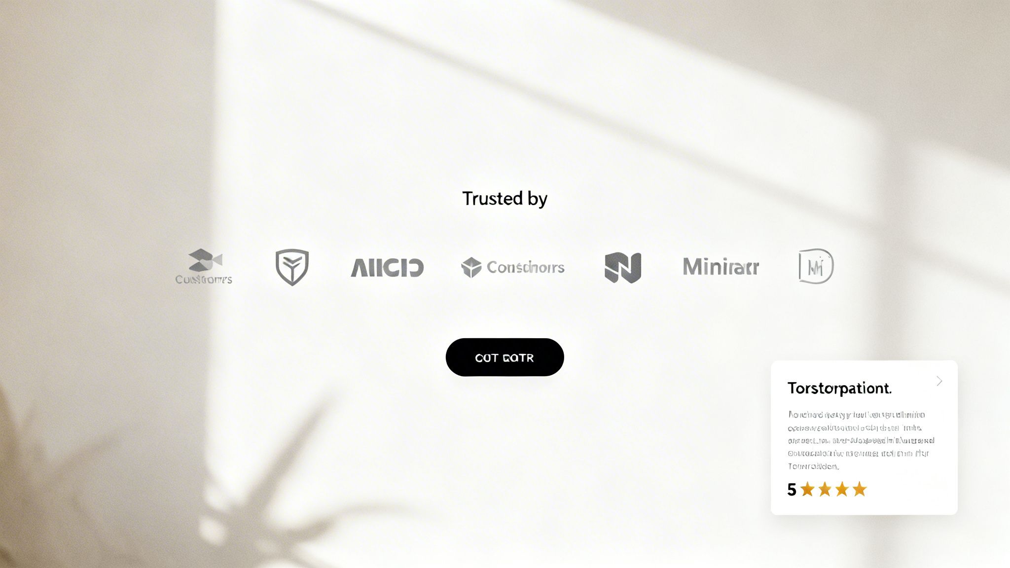 Trusted by section featuring six grey company logos and a customer testimonial with a 5-star rating.