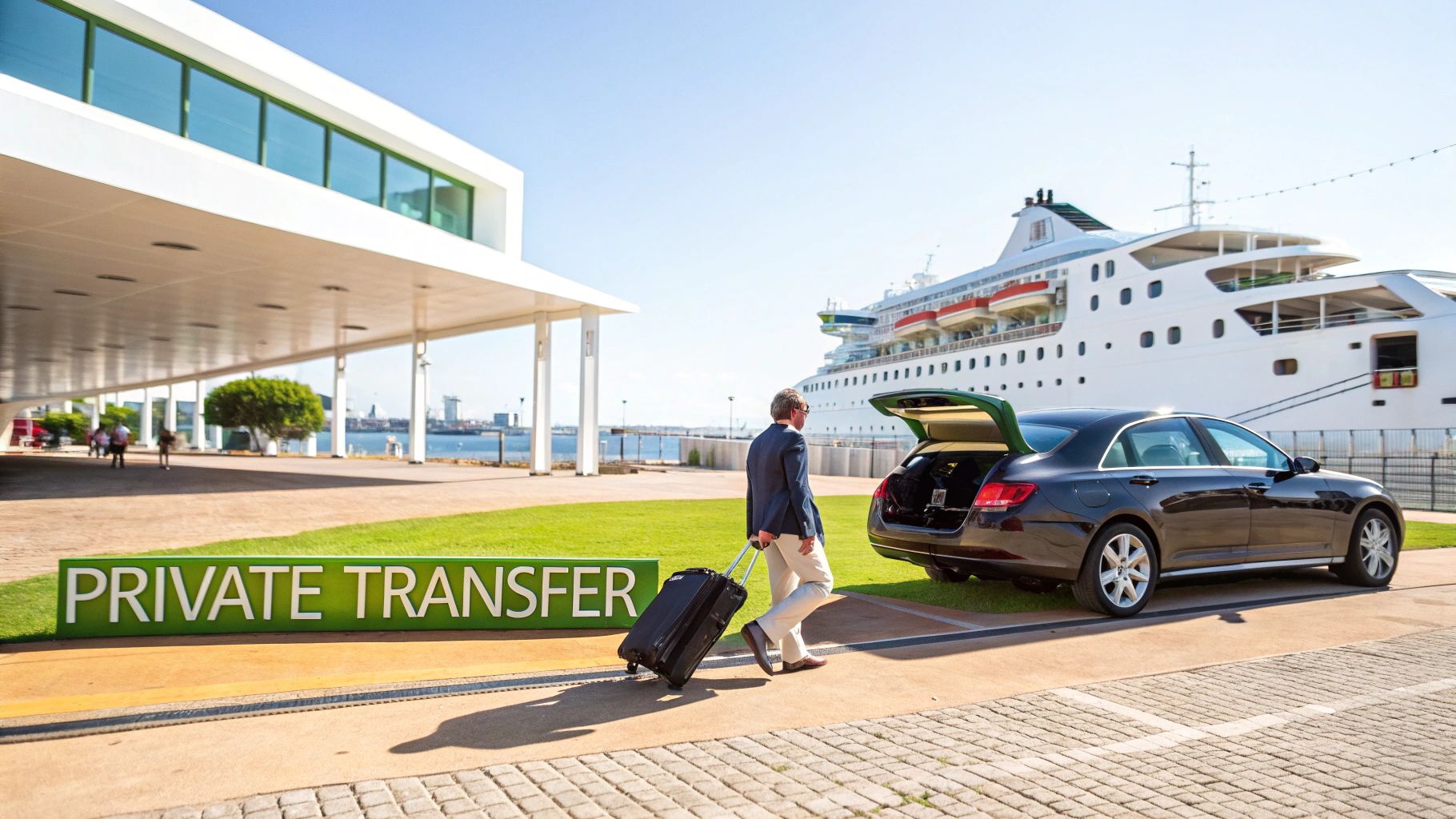 A luxury vehicle ready for a private transfer, parked with a scenic view.