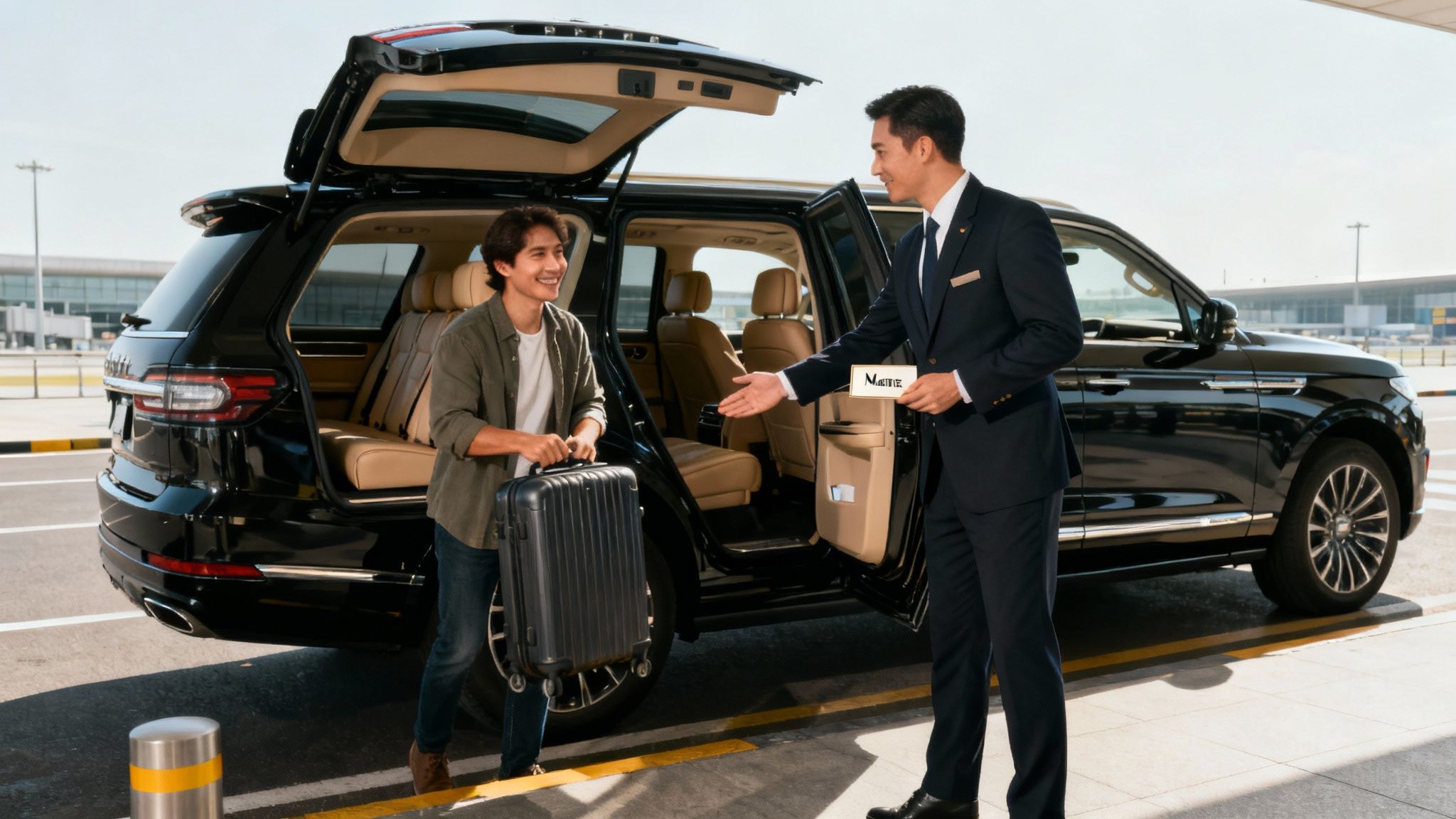 A professional driver greeting a passenger outside a luxury transfer vehicle.