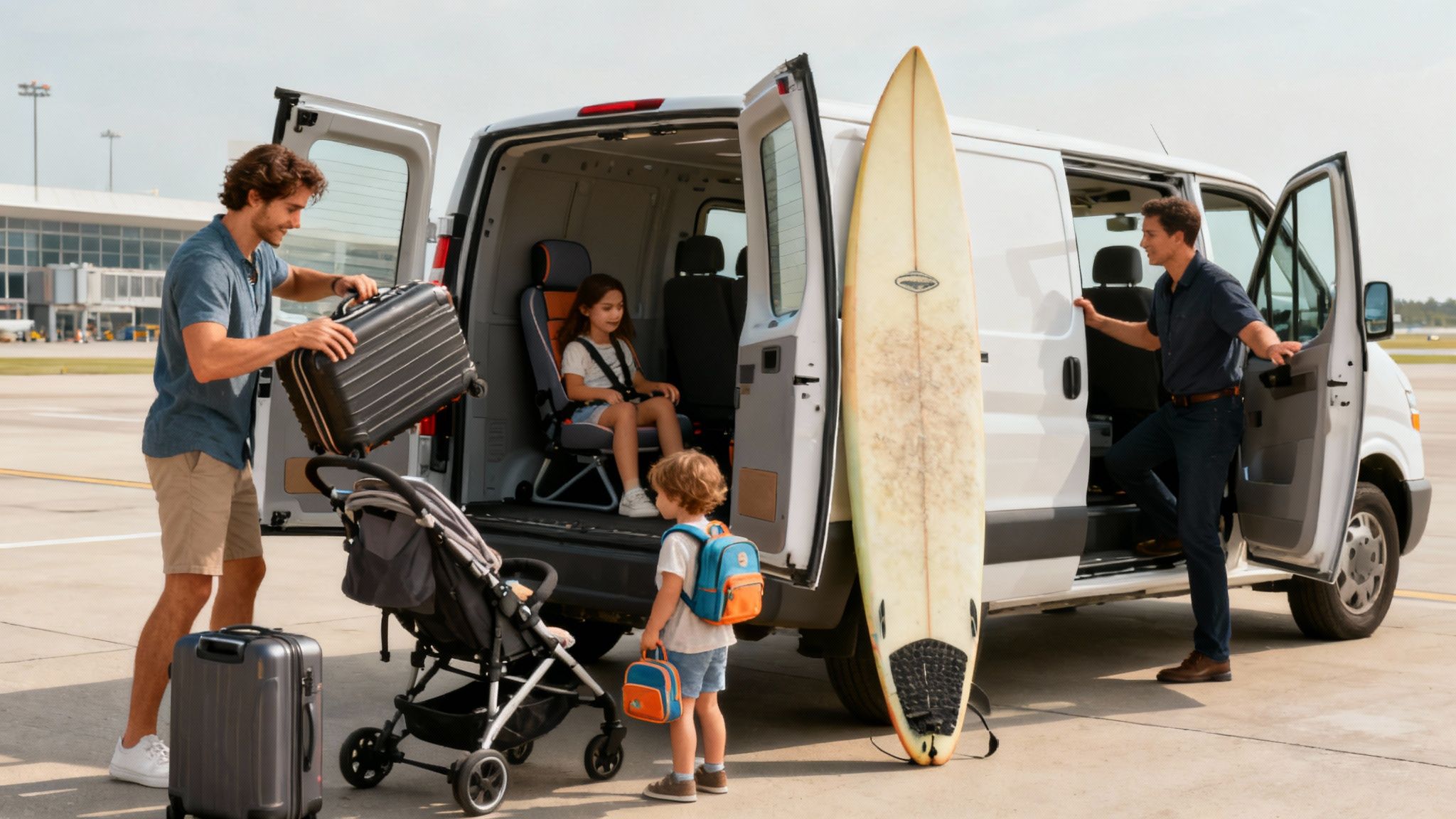 A family with luggage being greeted by a private transfer driver at the airport.