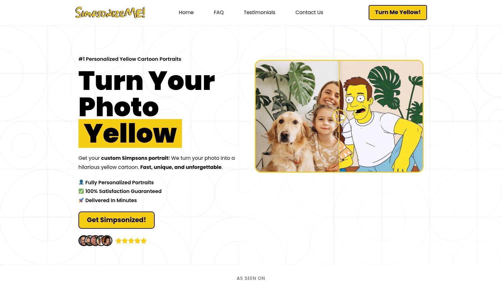 A collage showing a real family's photo next to their personalized, Simpsons-style cartoon portrait created by Simpsonize Me.