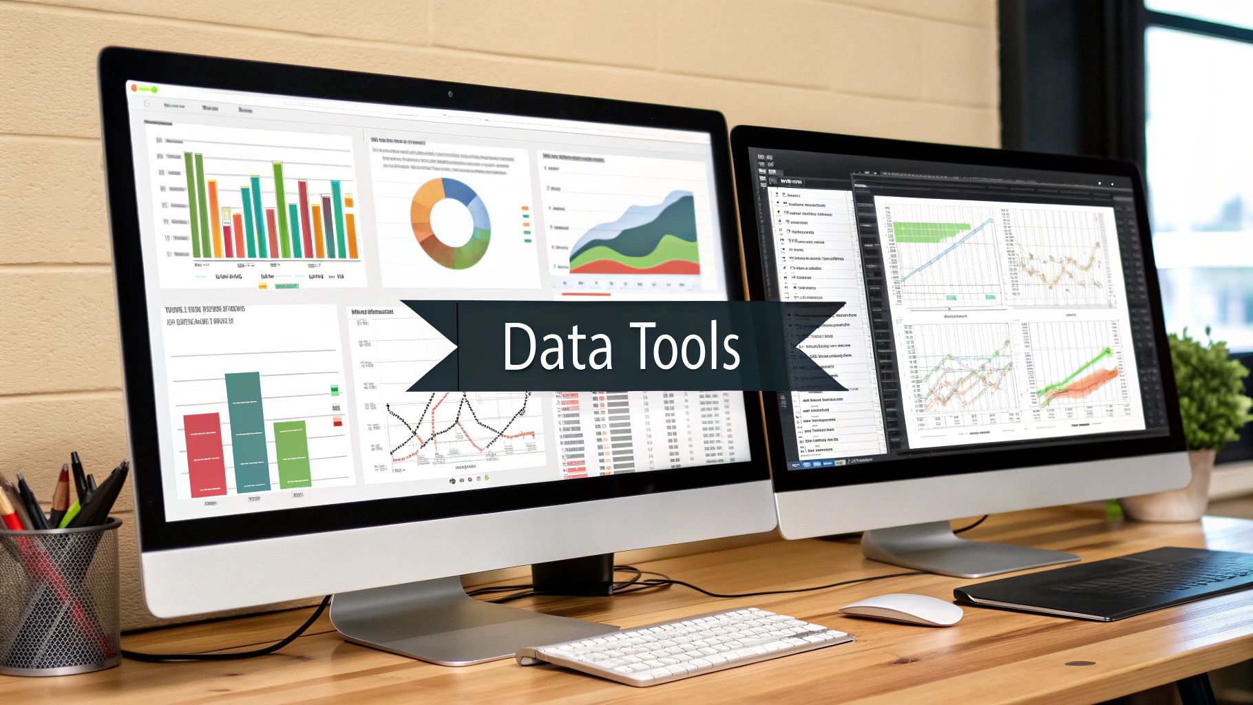 A modern workspace showing multiple screens with data visualizations, code, and sports statistics, illustrating the technical tools of a sports statistician.