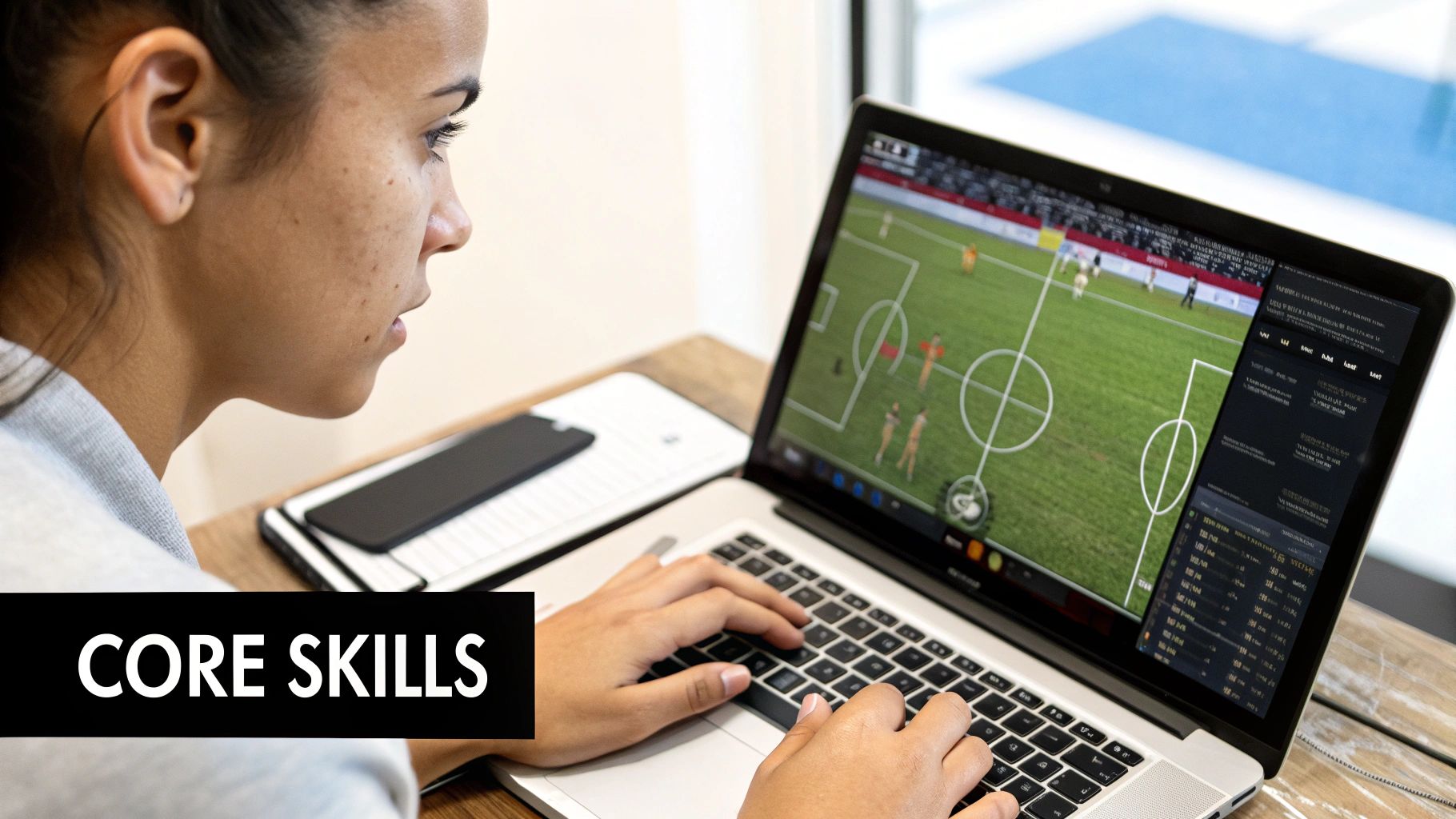 A person working on a laptop with data visualizations on the screen, representing a sports analytics portfolio.