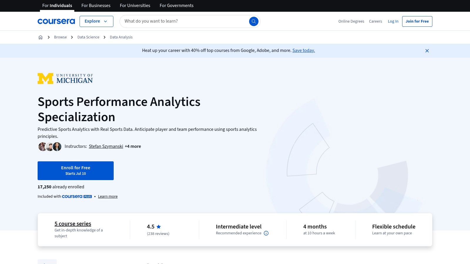 1. Coursera: Sports Performance Analytics Specialization by University of Michigan
