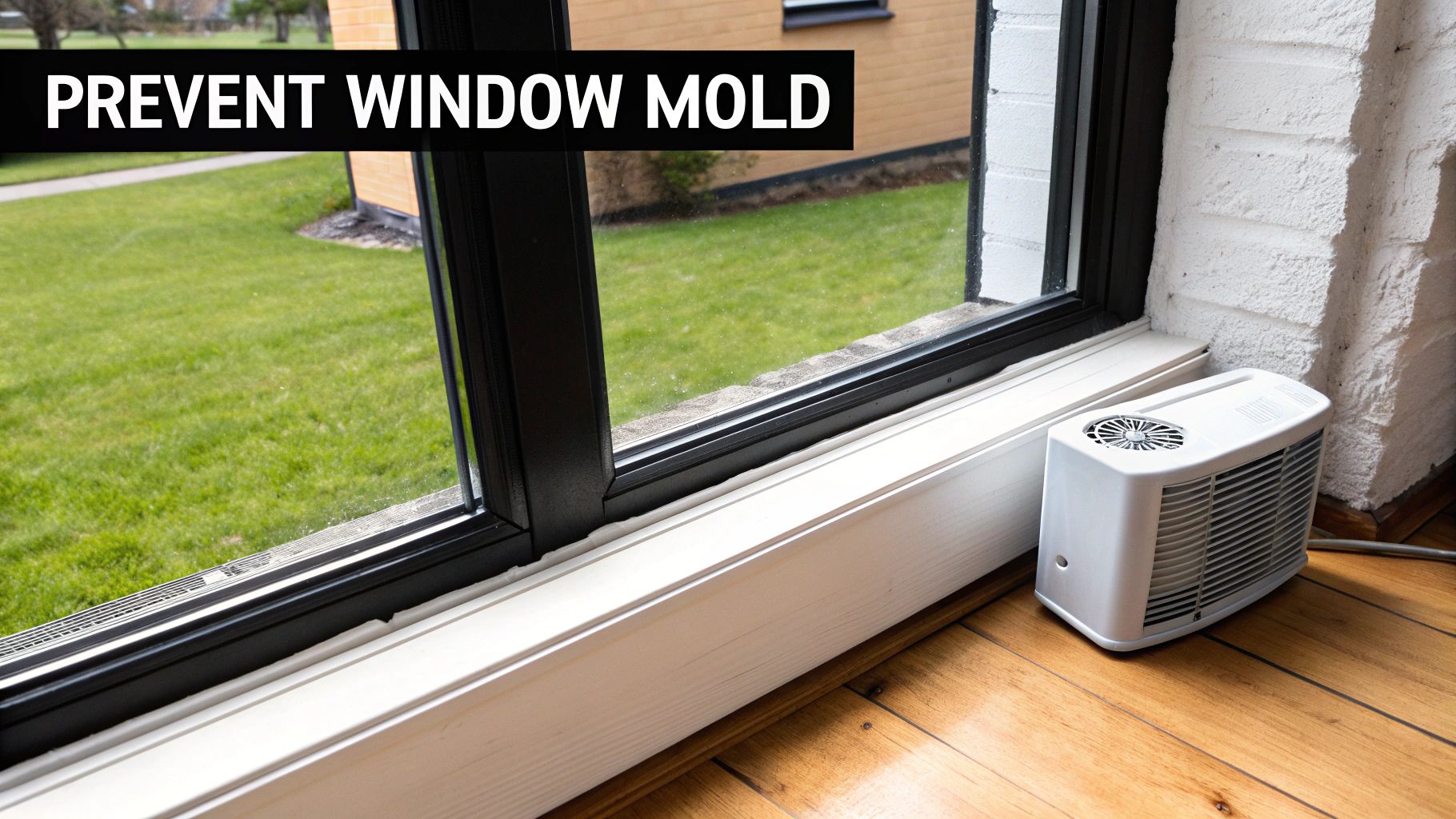 A white dehumidifier sits on a wooden floor next to a window with a black frame, preventing mold.