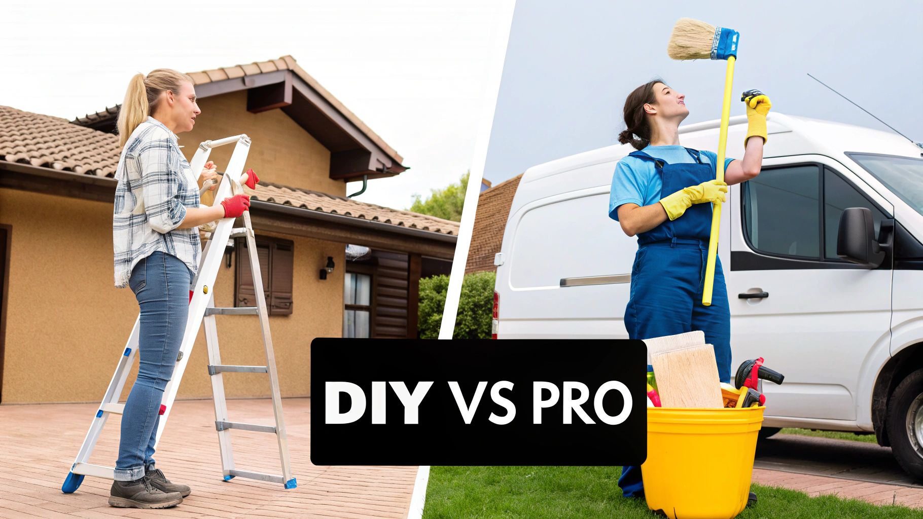A split image showing a woman doing DIY home maintenance on a ladder versus a professional cleaner with tools.
