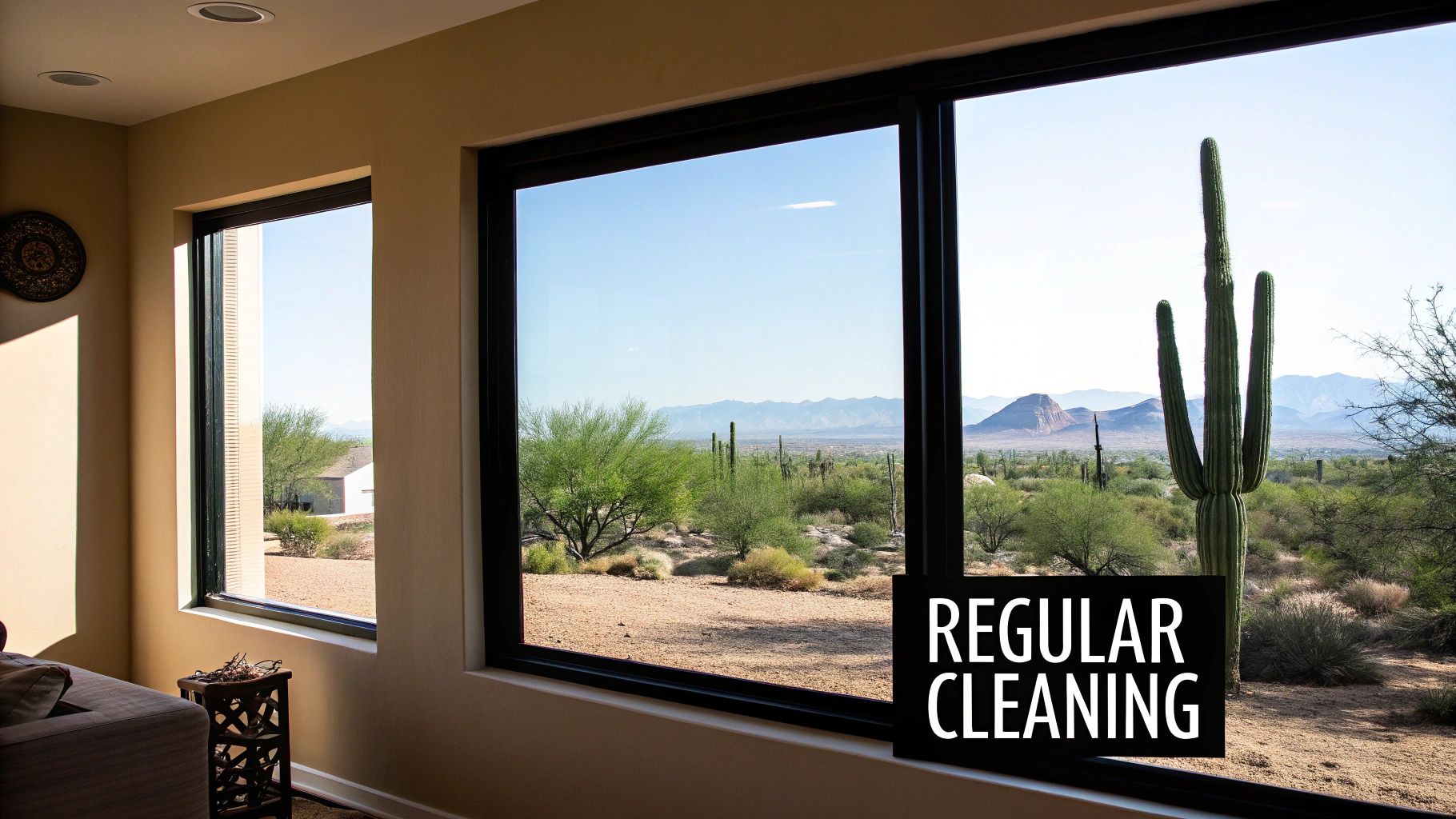 Clean windows offer a beautiful view of a saguaro cactus, desert landscape, and distant mountains, with 'REGULAR CLEANING' text.