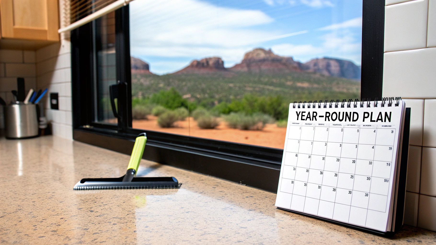 A window cleaning squeegee and a 'Year-Round Plan' calendar on a kitchen counter with a scenic mountain view.