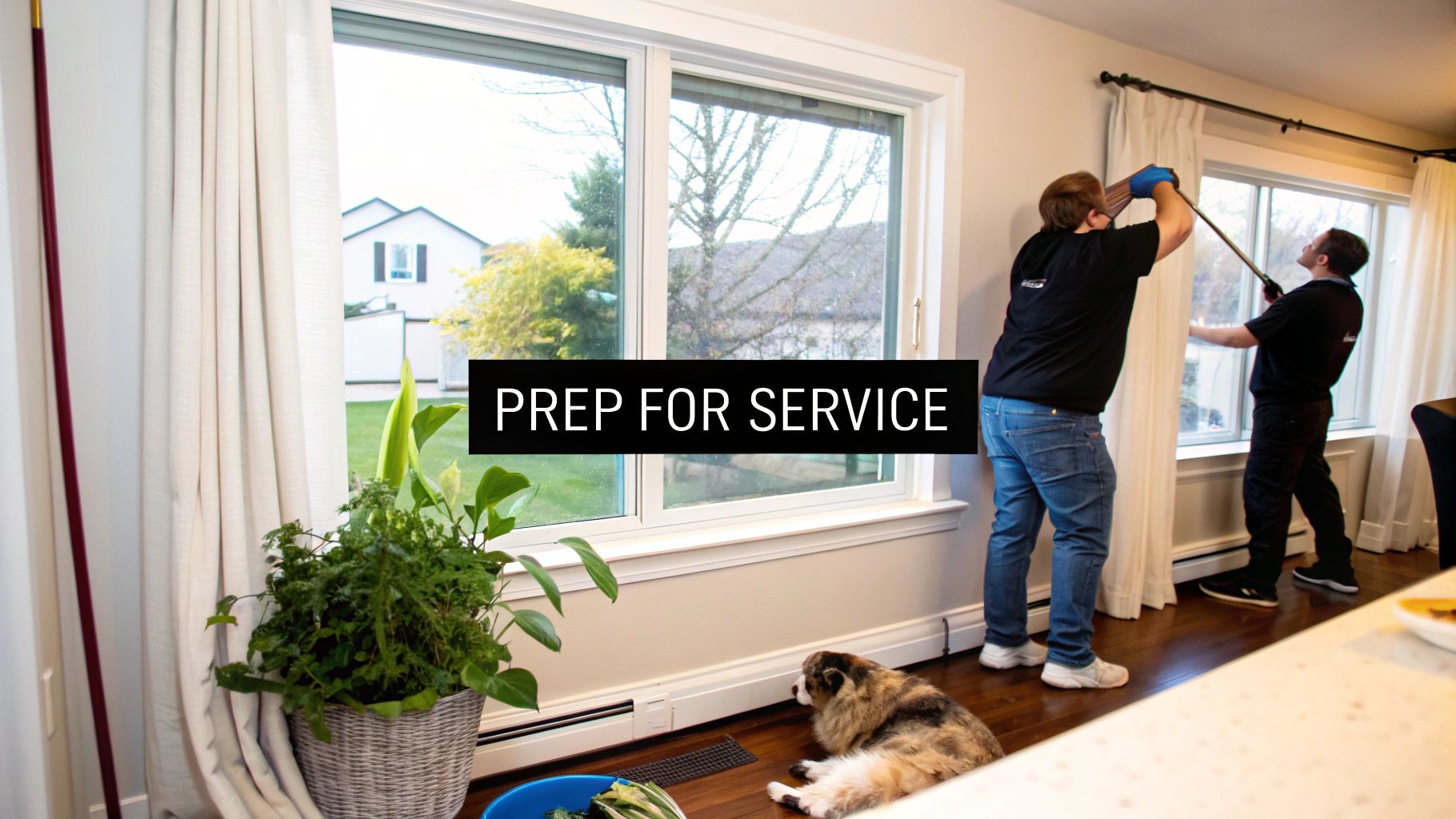 Two professional window cleaners preparing to clean windows inside a bright residential home, with a dog nearby.