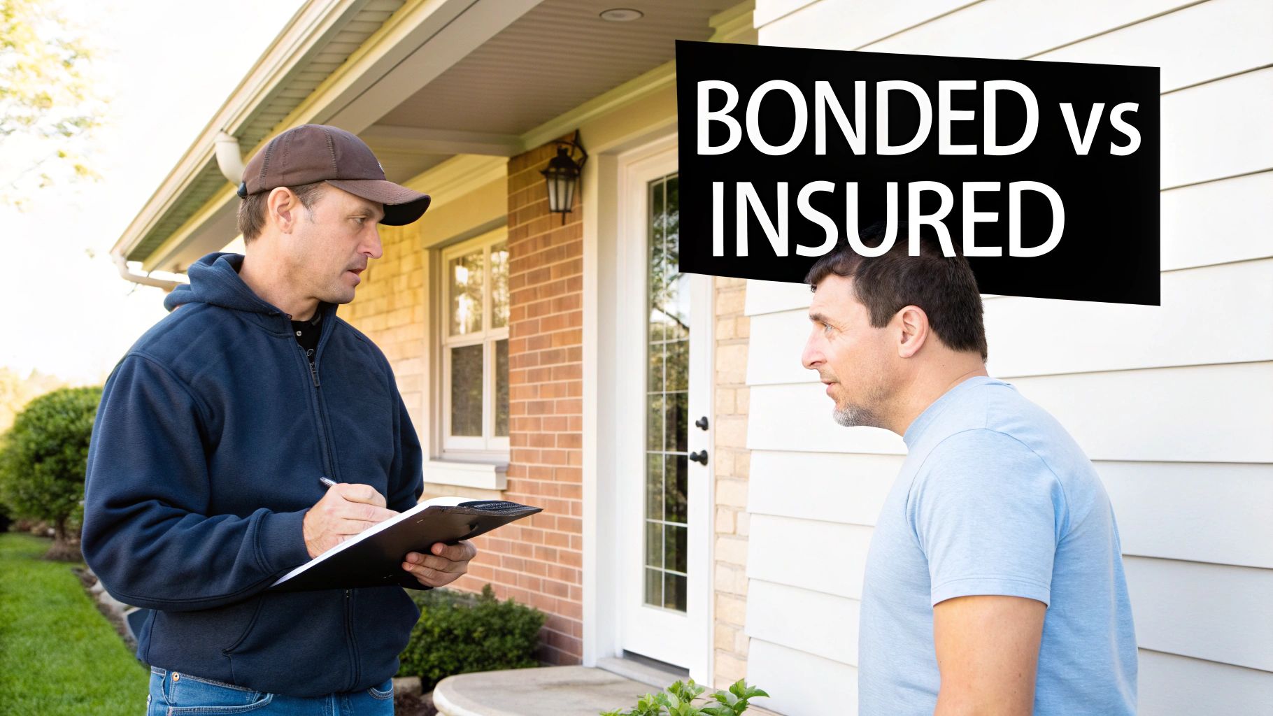 Two men, one with a clipboard, discussing 'Bonded vs Insured' outside a home.