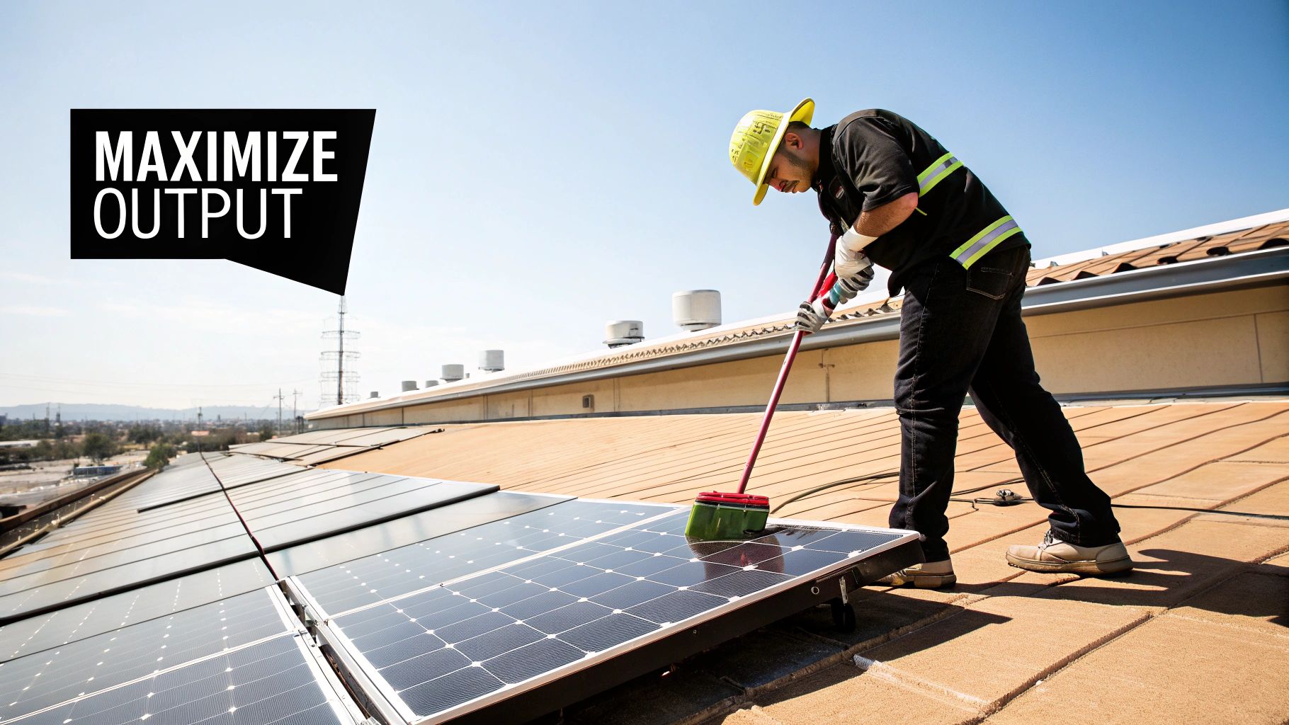 A worker in a hard hat cleans solar panels on a sunny commercial rooftop, emphasizing maximizing energy output.
