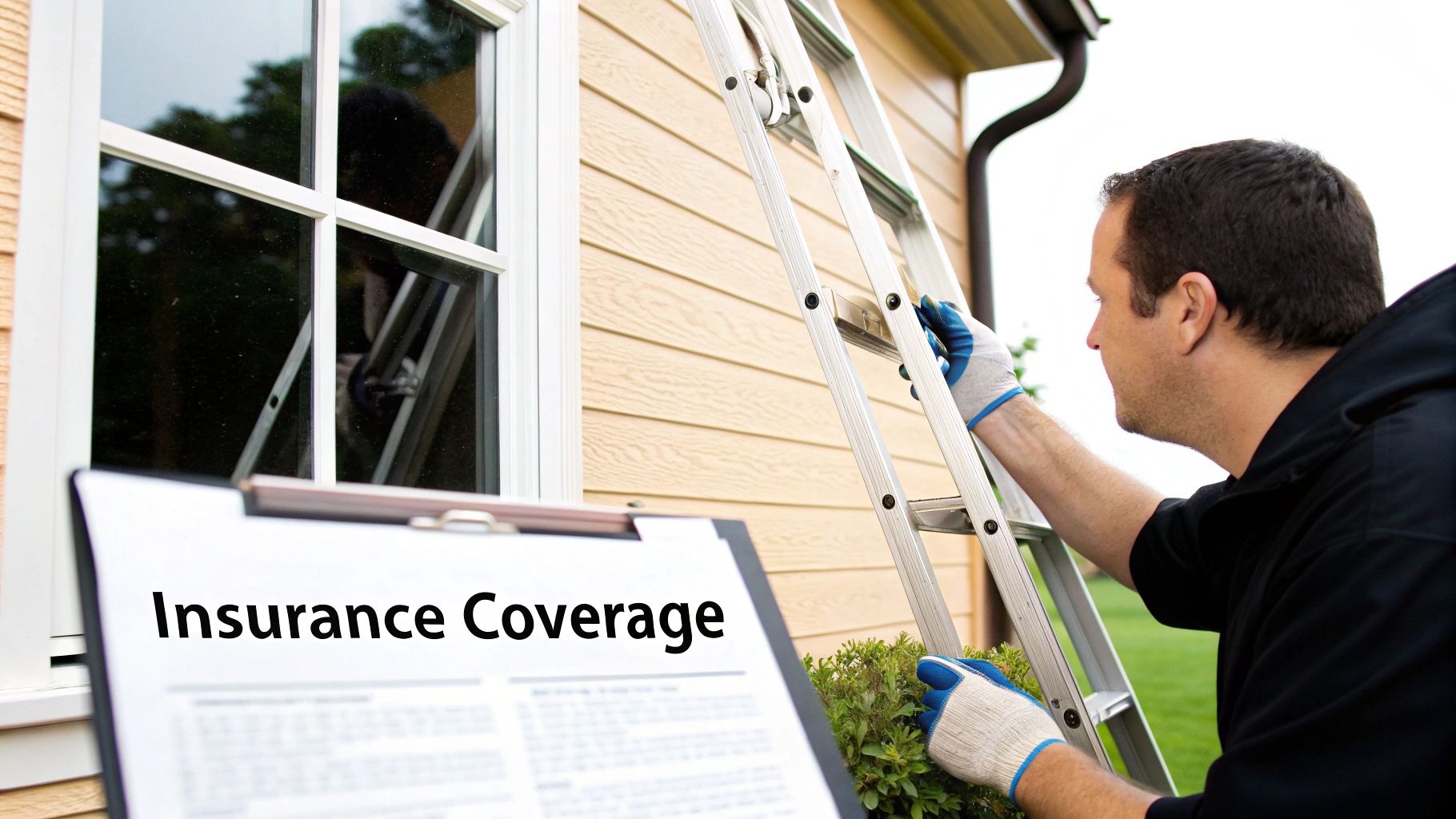 A person in work gloves adjusts a ladder against a house, with an "Insurance Coverage" document visible.
