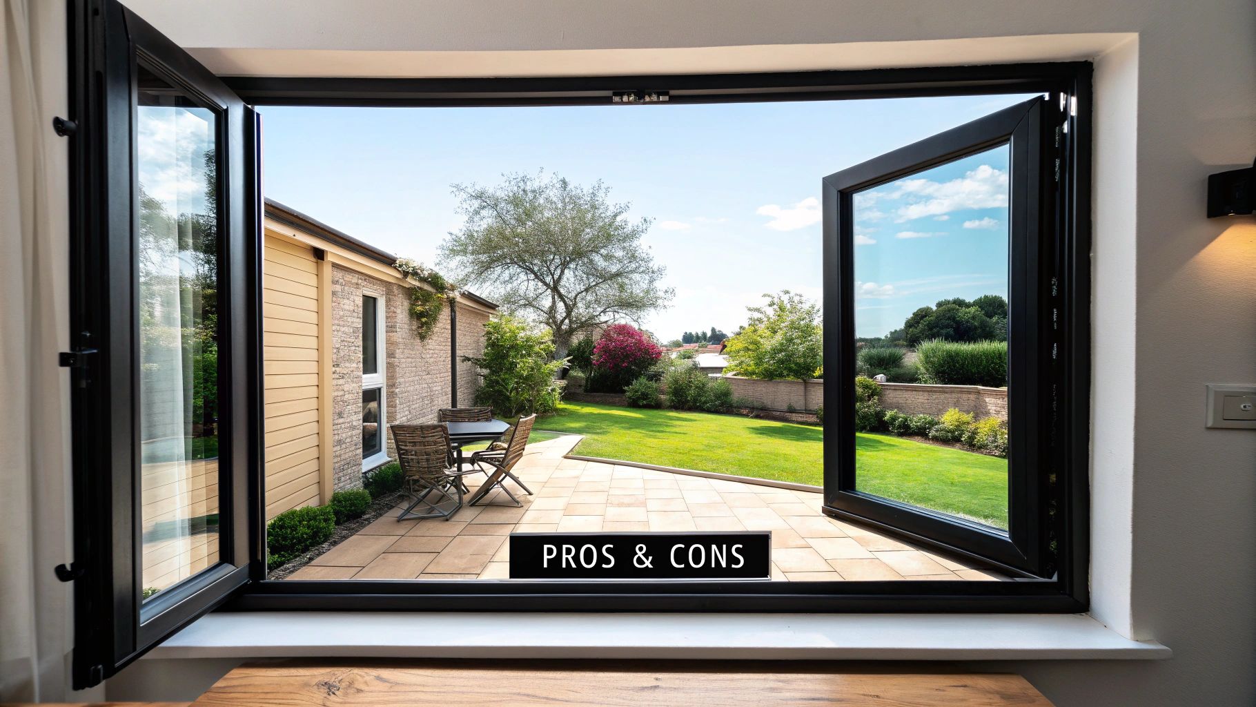 Open bi-fold patio doors revealing a sunny outdoor living space, lush green garden, and a house.