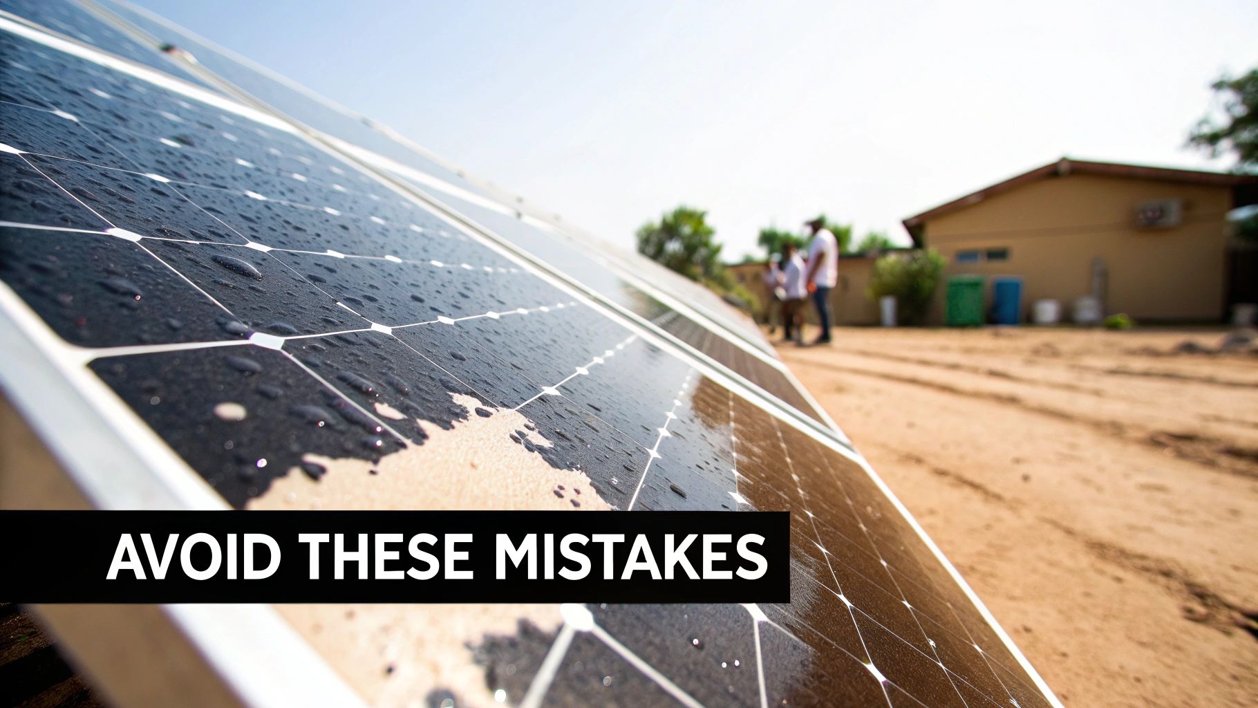 Close-up of dirty solar panels covered in water droplets and grime, illustrating common maintenance mistakes.