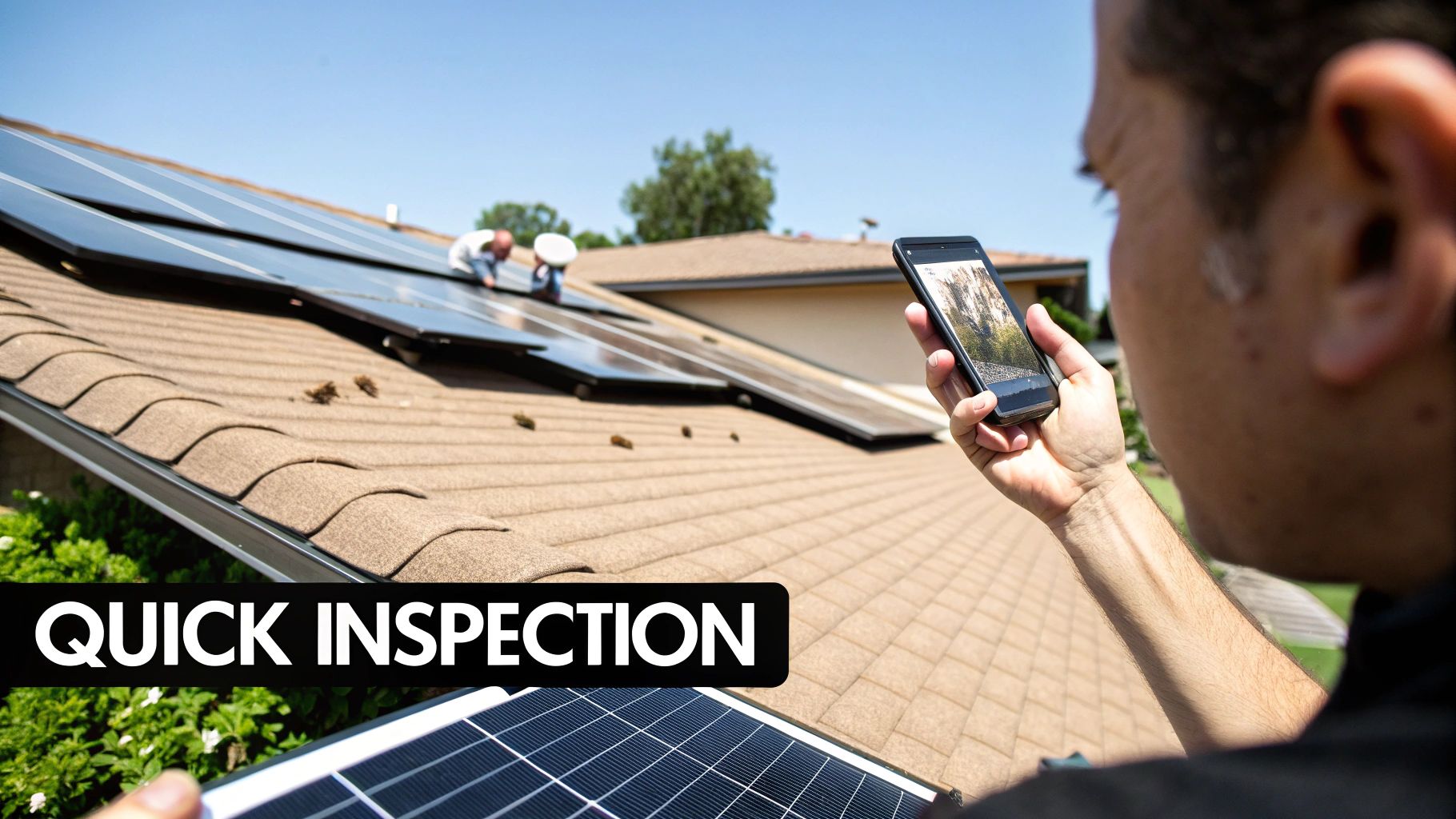 Workers installing and inspecting solar panels on a residential roof, with one holding a smartphone.