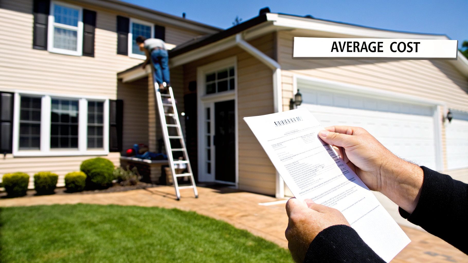 Man on a ladder cleaning house windows while another person reads a document about average costs.