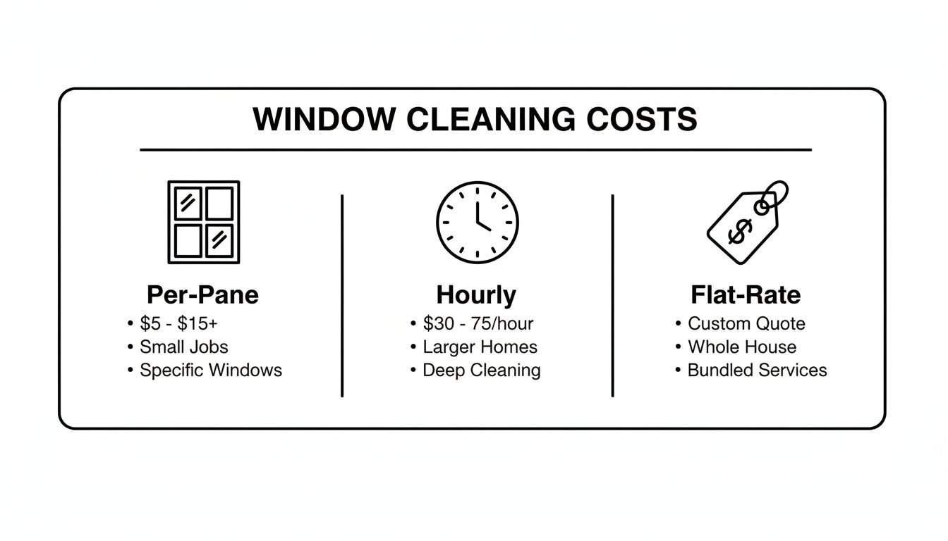 Infographic detailing window cleaning costs by per-pane, hourly, and flat-rate pricing models with examples.