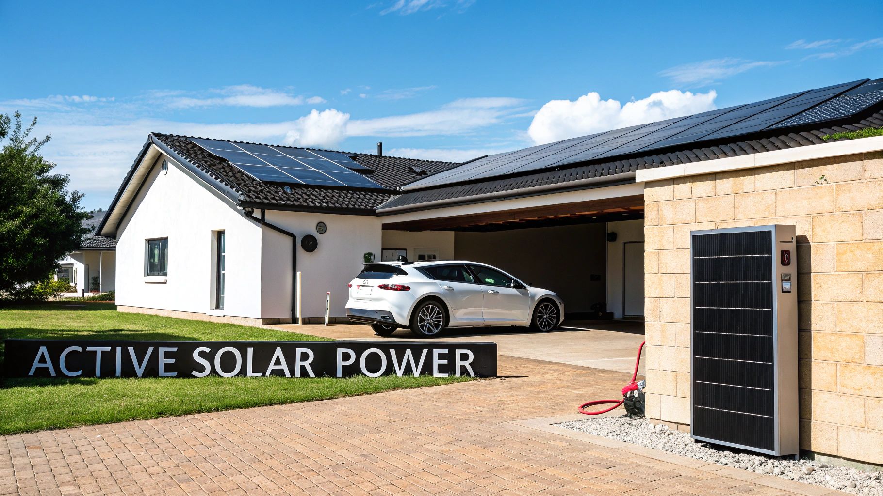 Modern white house with extensive rooftop solar panels, a white electric car, and a large sign that reads "ACTIVE SOLAR POWER" on a green lawn.