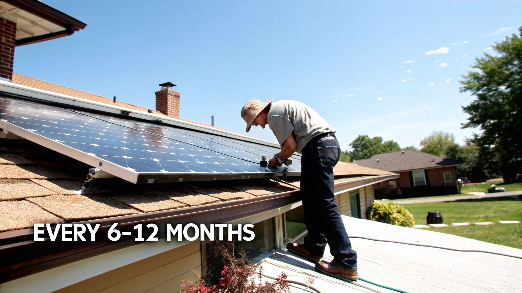 A worker on a roof performing maintenance on solar panels under a clear blue sky.