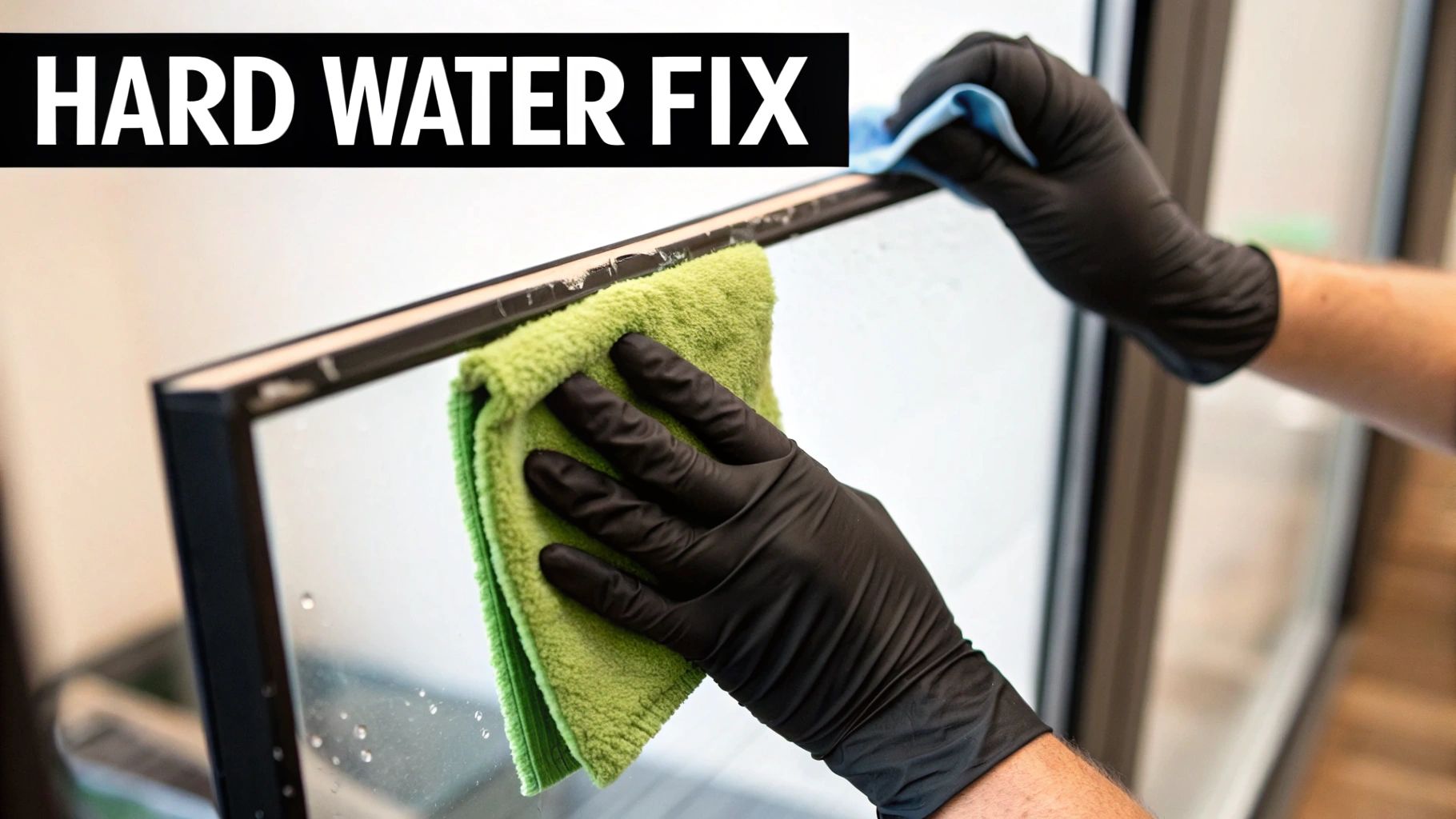Hands in black gloves cleaning a glass surface with a green cloth to remove hard water stains.