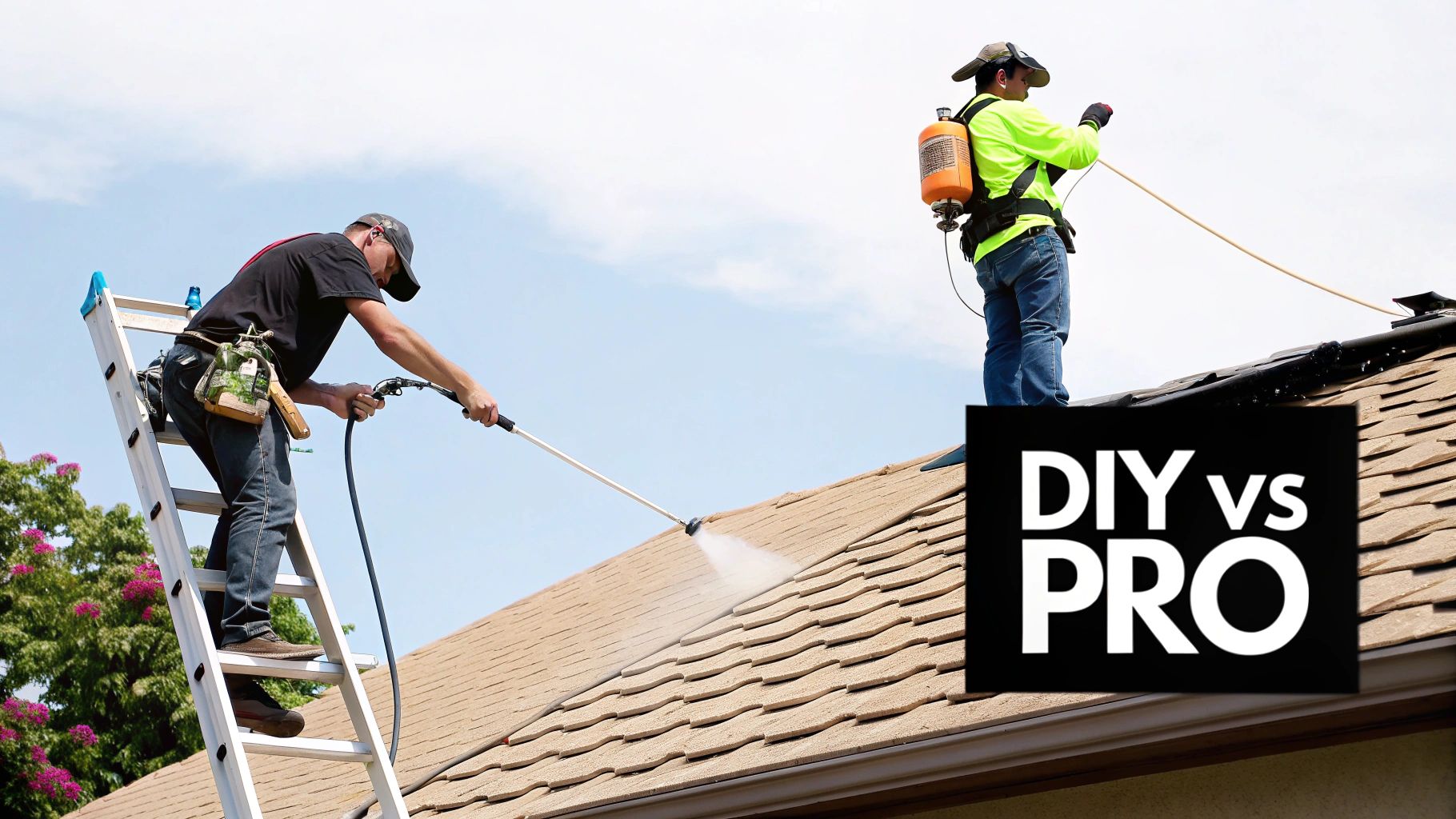 Two men cleaning a residential roof: one on a ladder, another with a backpack sprayer. DIY vs PRO.