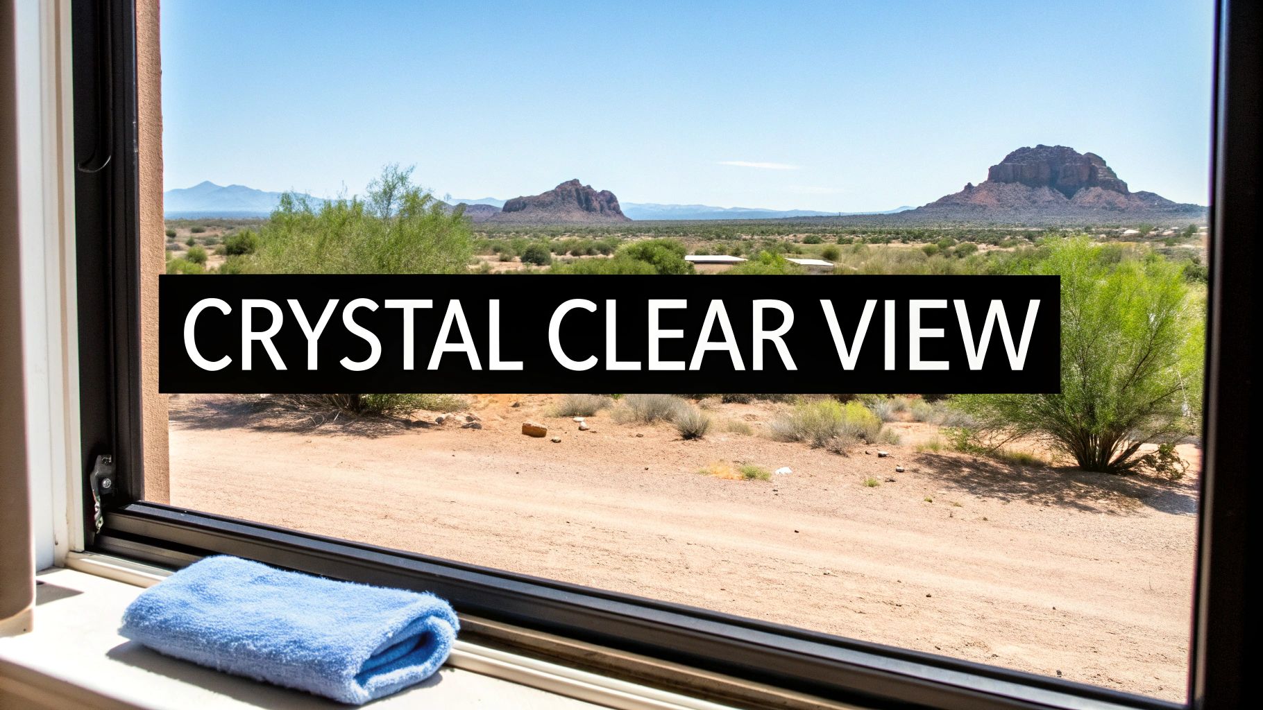 A crystal clear window frames a desert landscape with mountains, featuring a blue cleaning cloth on the sill.