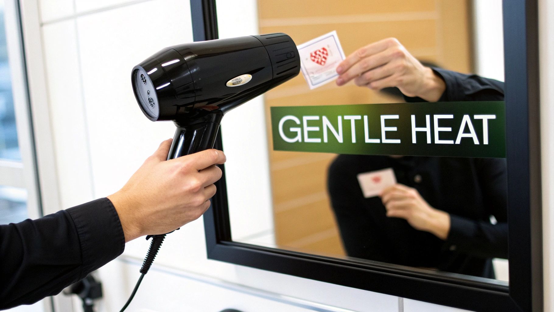 A person holds a black hairdryer towards a mirror reflecting hands, a card, and 'GENTLE HEAT' sign.