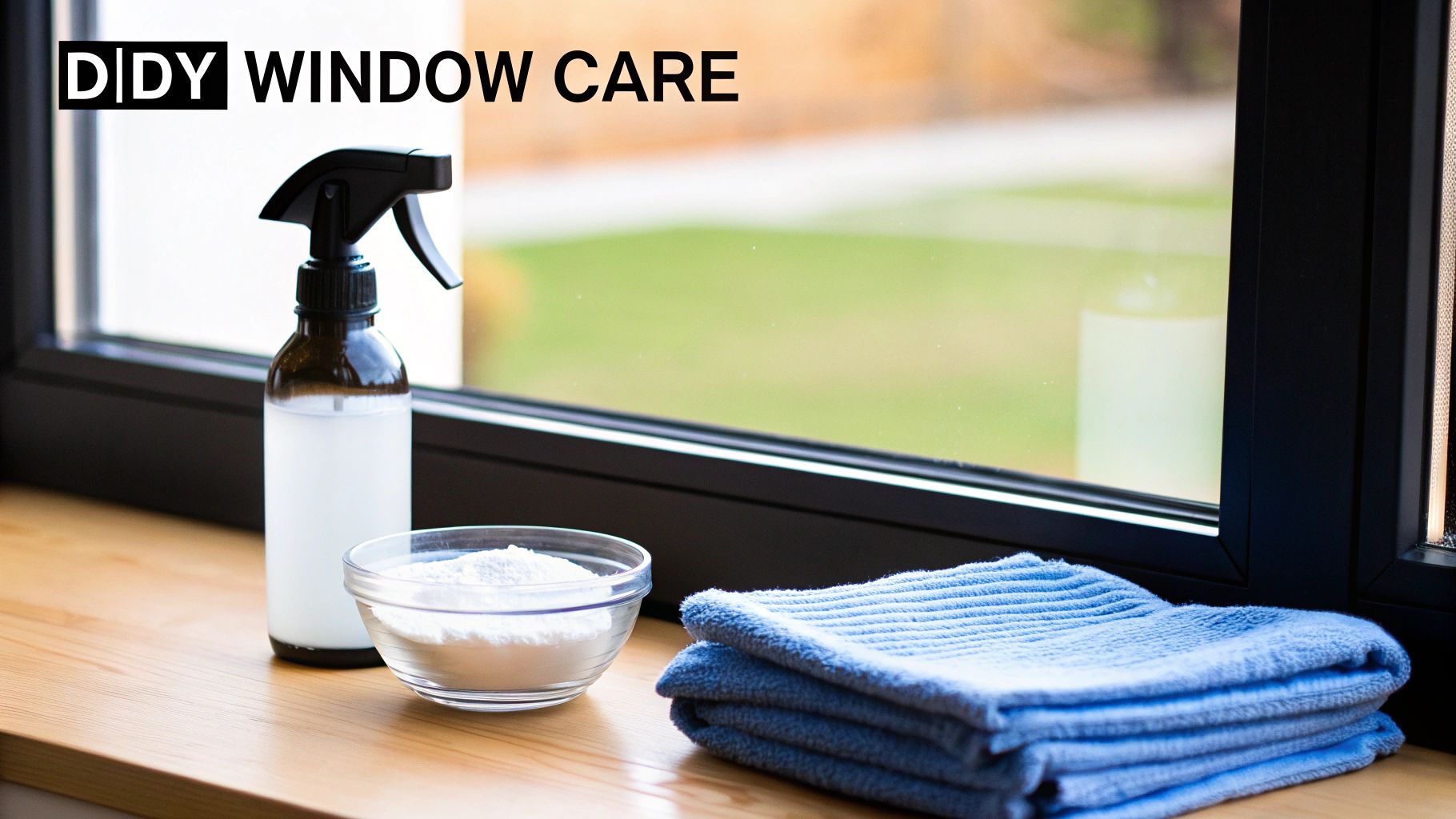 DIY window cleaning supplies: spray bottle, white powder, and blue cloths on a wooden sill.