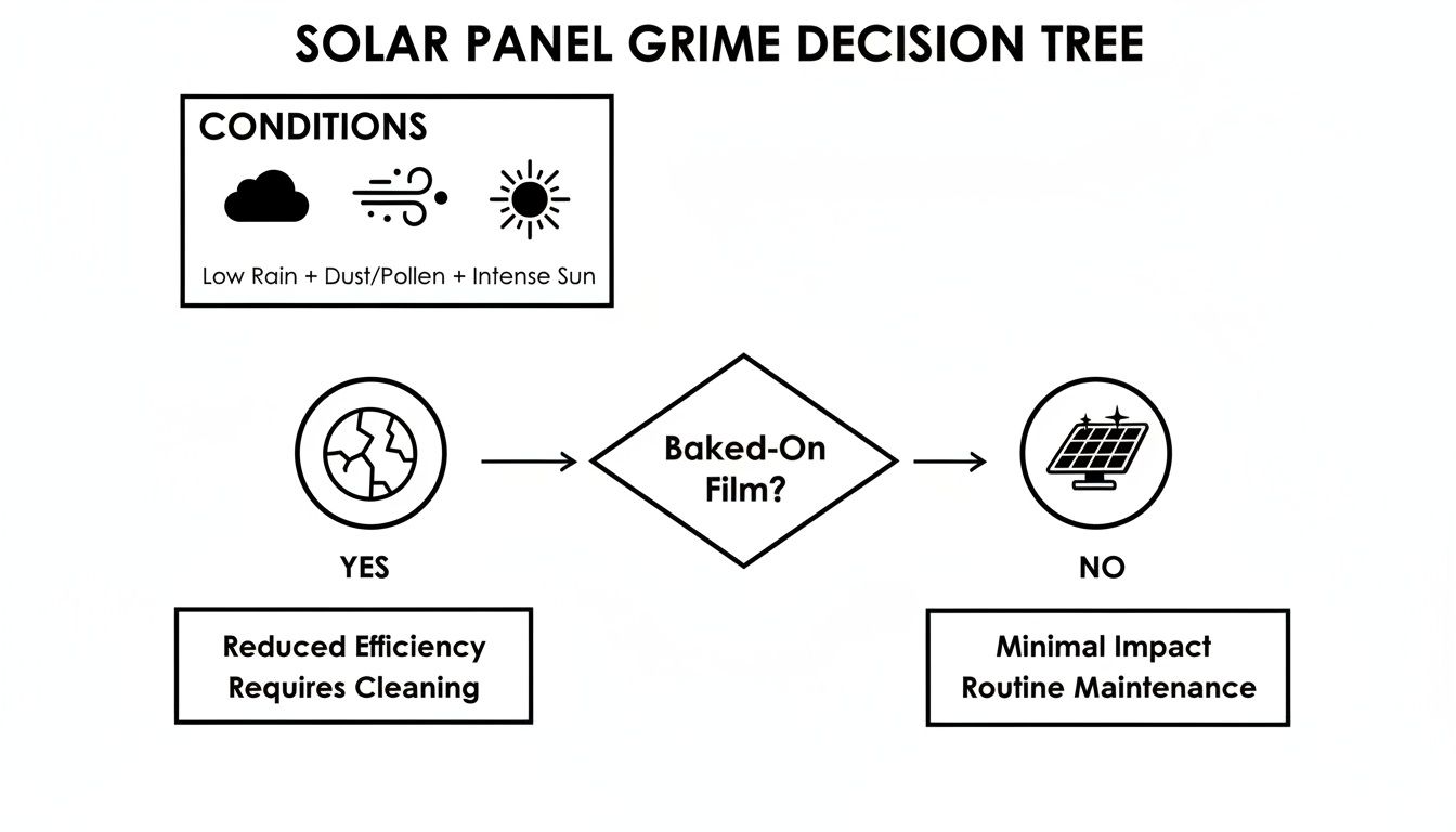 Decision tree illustrating solar panel grime conditions and cleaning recommendations.