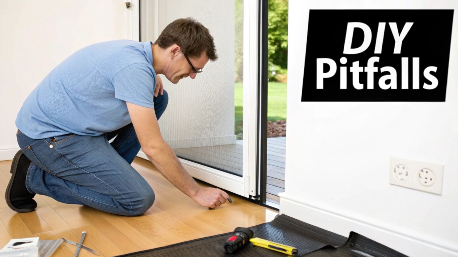 A man in a blue shirt and jeans crouches, installing a black screen on a sliding glass door, with a 'DIY Pitfalls' sign in the background.