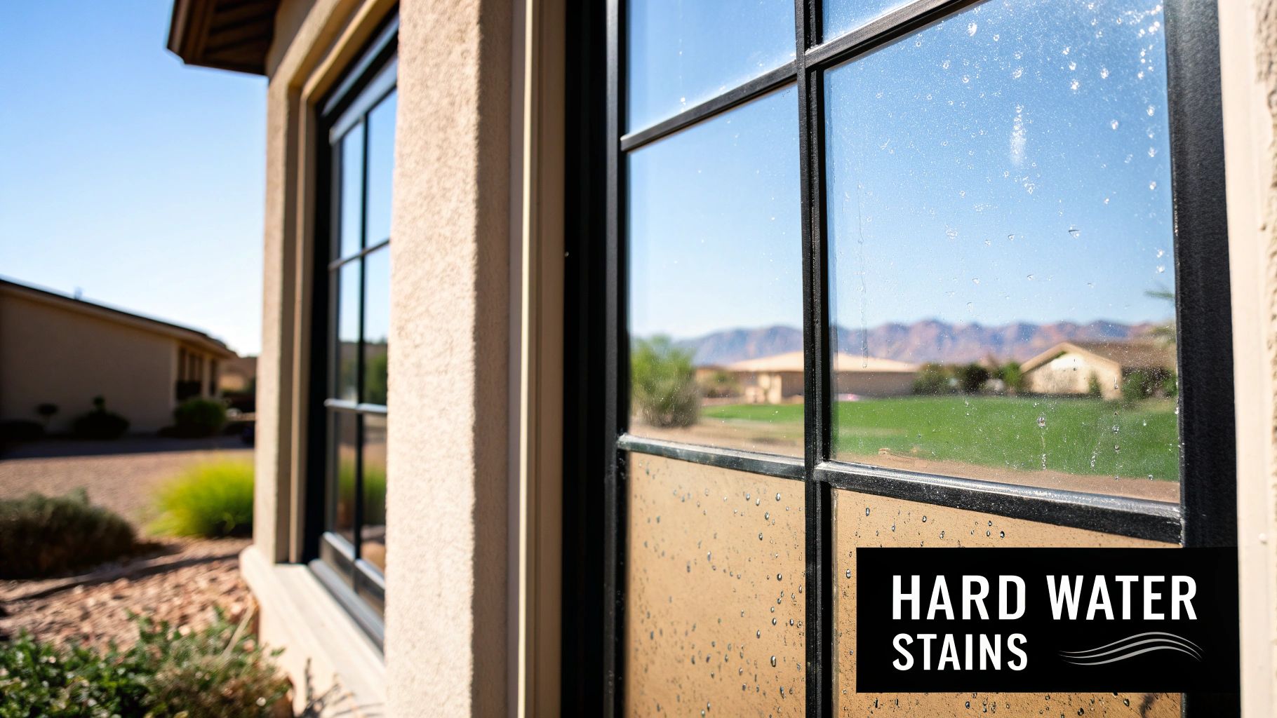 A close-up view of a house window covered with noticeable hard water stains, reflecting a sunny outdoor scene.