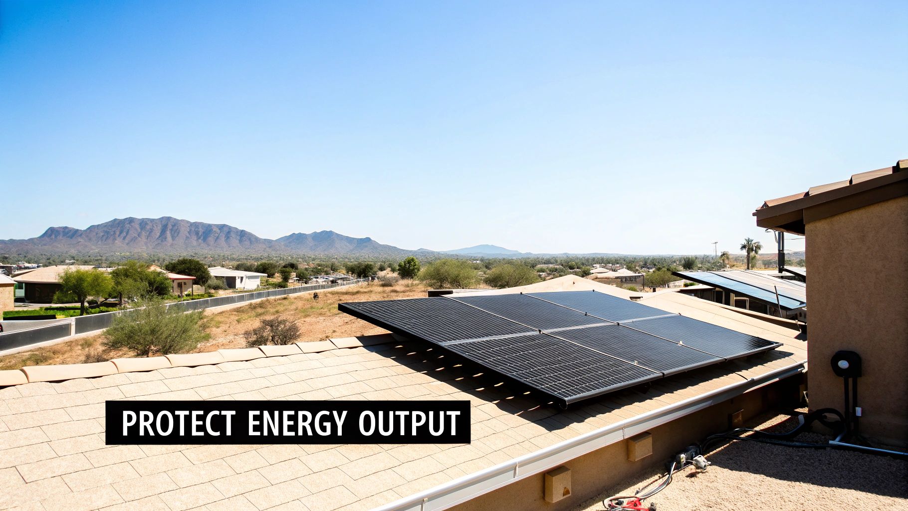 Solar panels on a residential rooftop with mountains in the background under a clear blue sky.