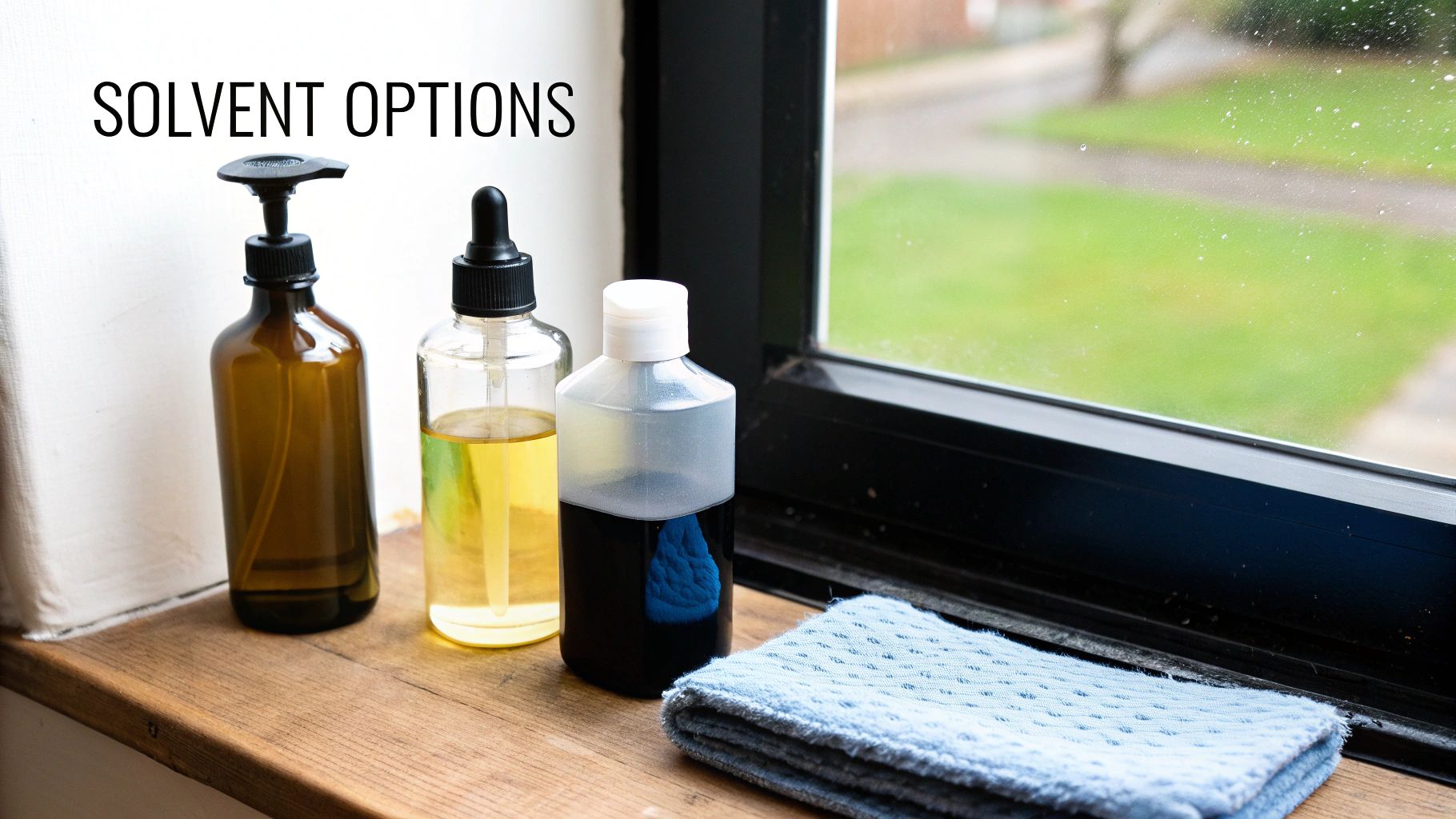 Text 'SOLVENT OPTIONS' above three bottles of liquids and a blue cloth on a wooden windowsill.