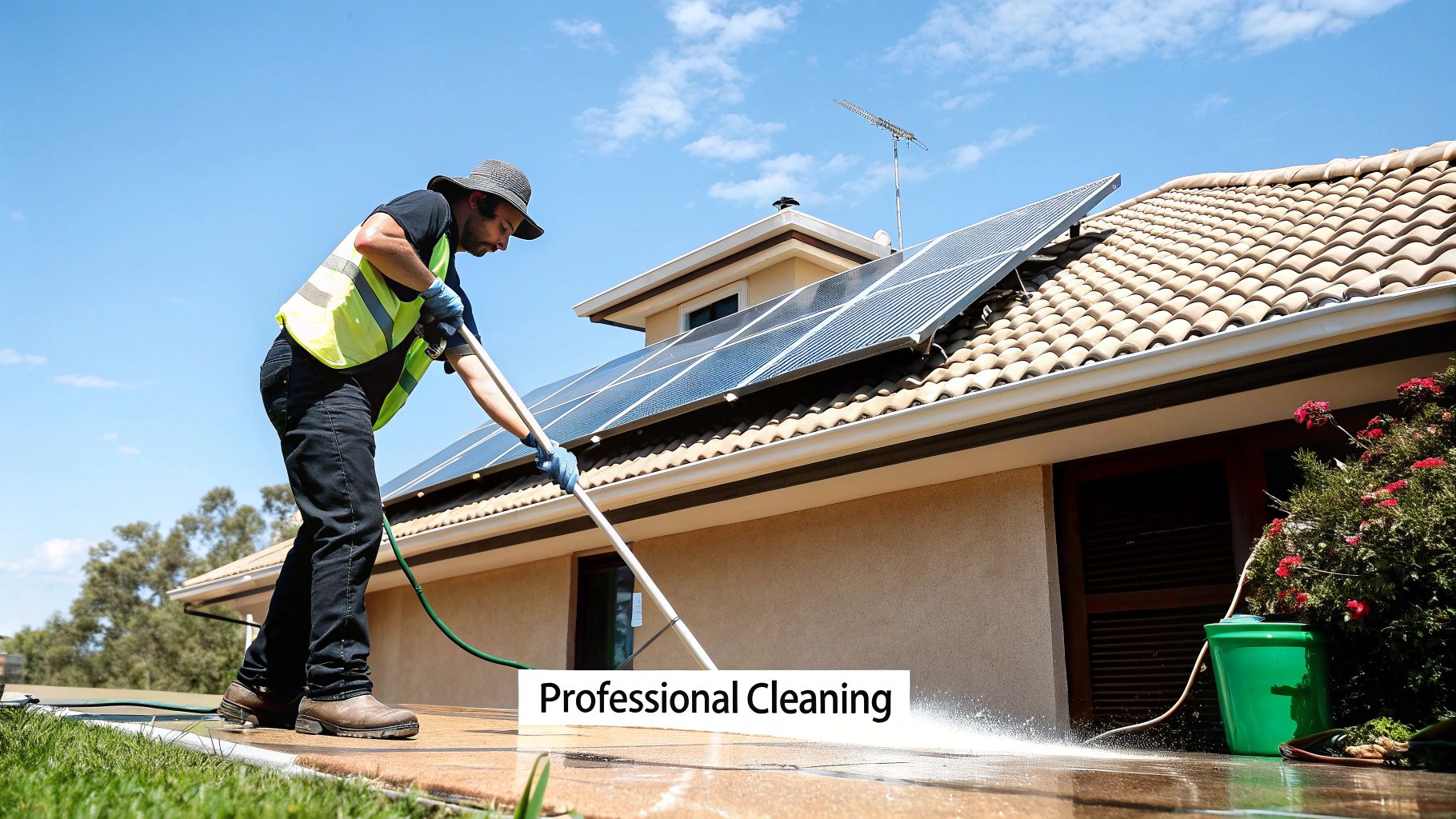 A man in a safety vest and hat cleaning solar panels on a house roof under a blue sky.