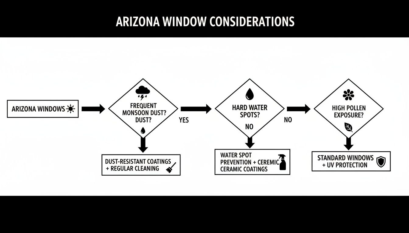 Flowchart detailing window considerations for Arizona's unique environmental challenges like dust, hard water, and pollen.