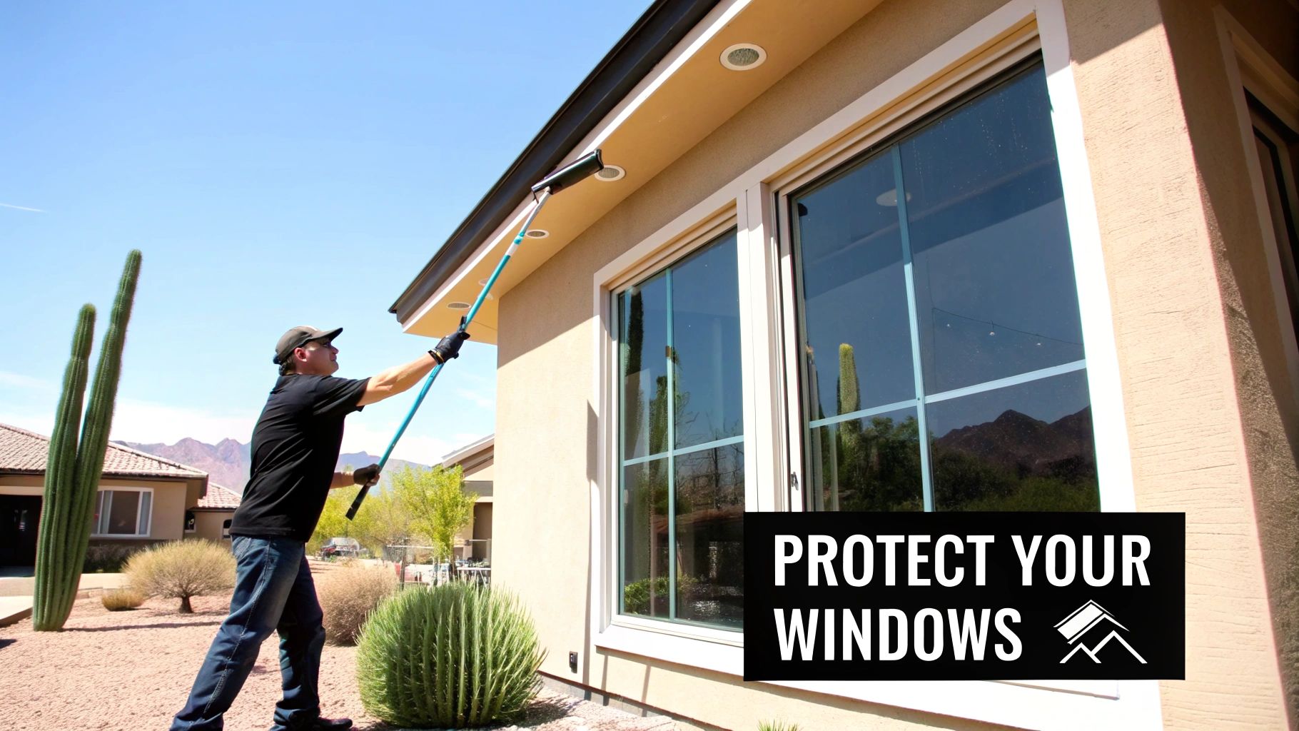 A professional cleaner using a long pole to clean exterior windows of a modern desert home.