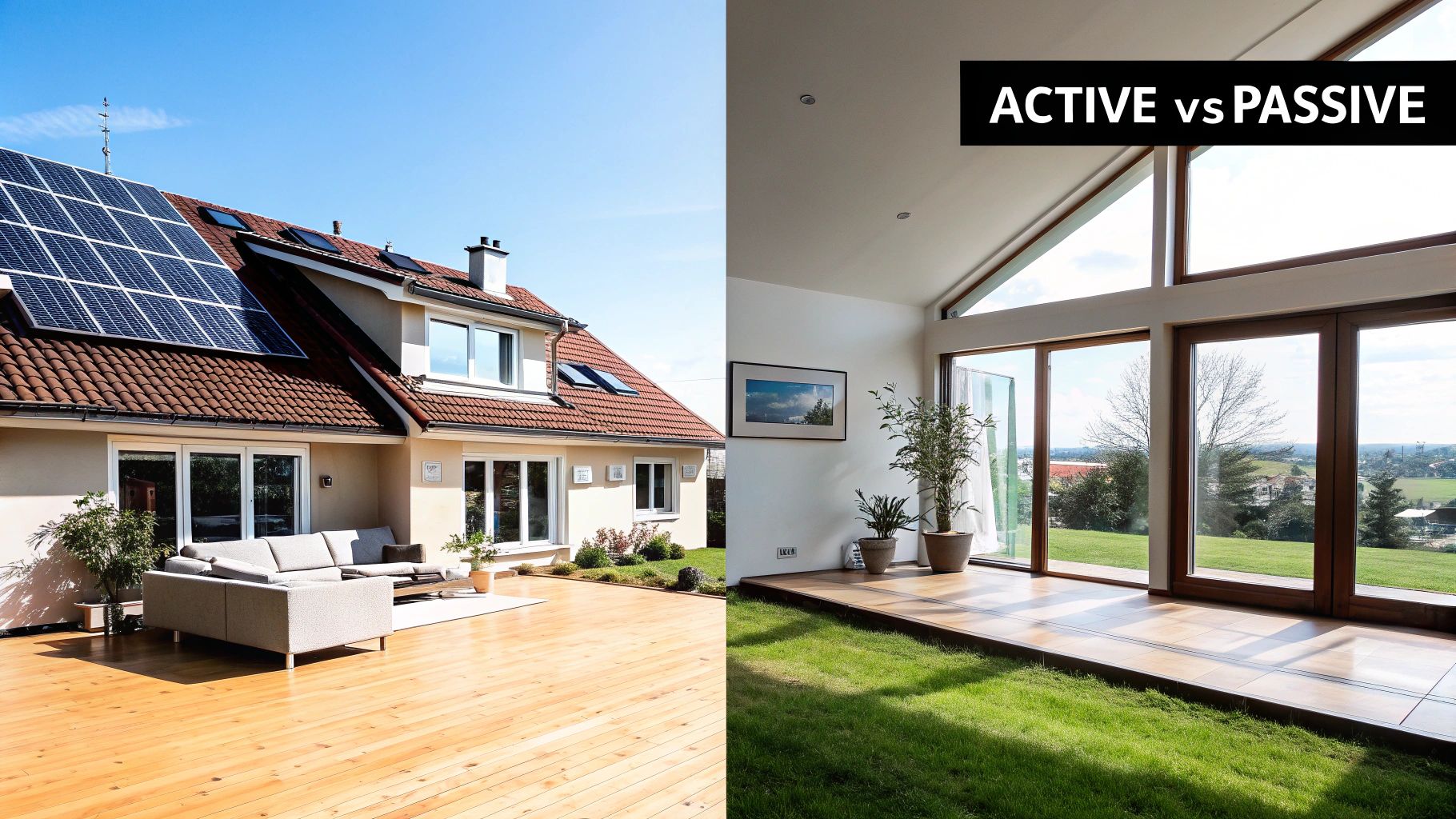 A split image comparing an active solar house with rooftop panels to a passive solar interior featuring large windows.