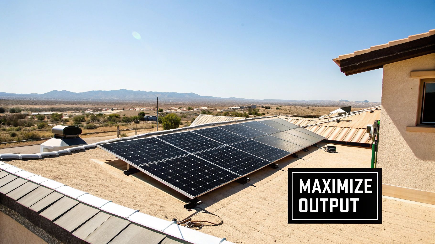 Rooftop solar panels under a clear sky, overlooking a desert landscape with mountains, labeled 'MAXIMIZE OUTPUT'.